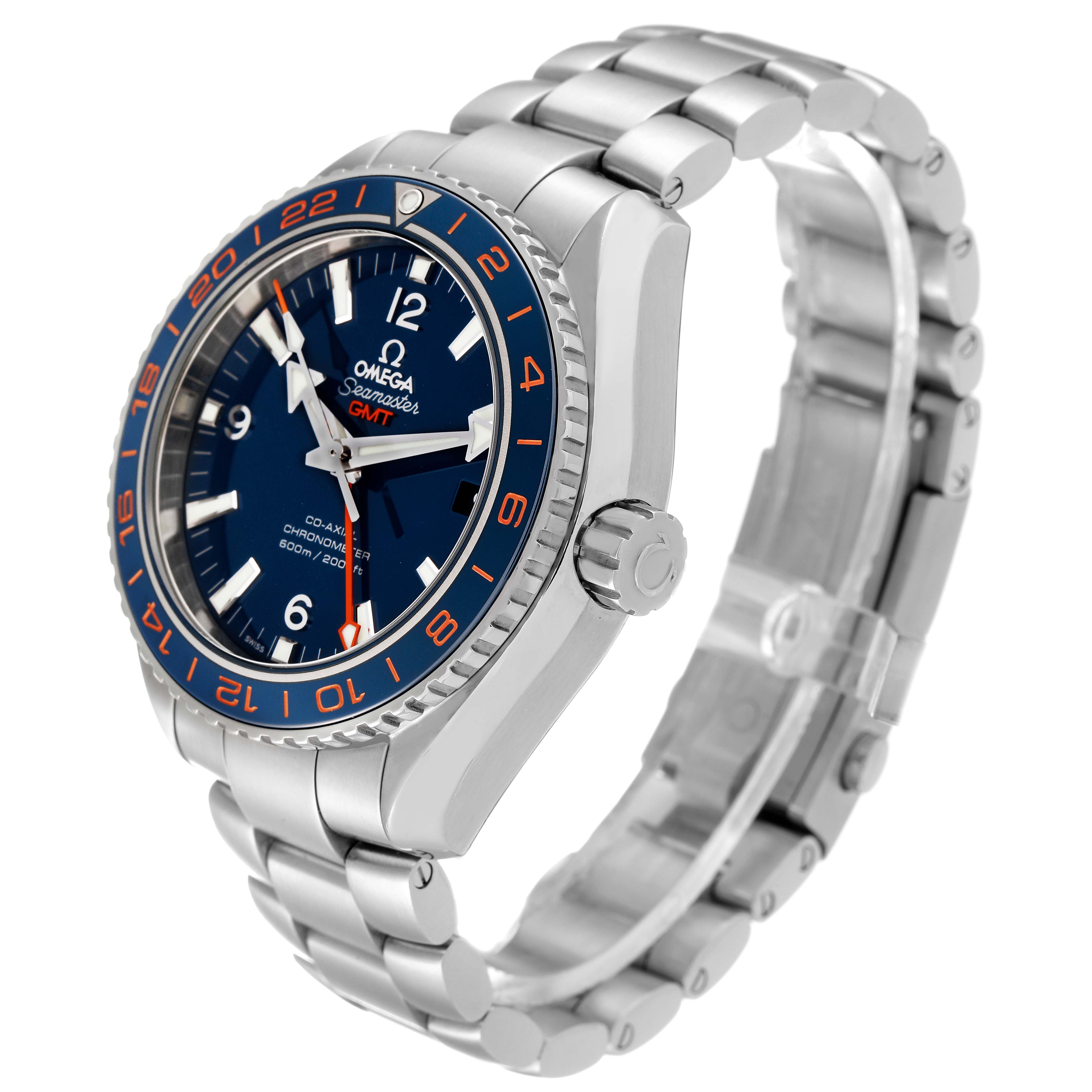 The Omega Planet Ocean 232.30.44.22.03.001 Men
s Stainless Steel Blue Dial 232.30.44.22.03.001 Men
s Stainless Steel Blue Dial model is shown at a three-quarter angle, highlighting the watch face, bezel, crown, and metal bracelet.
