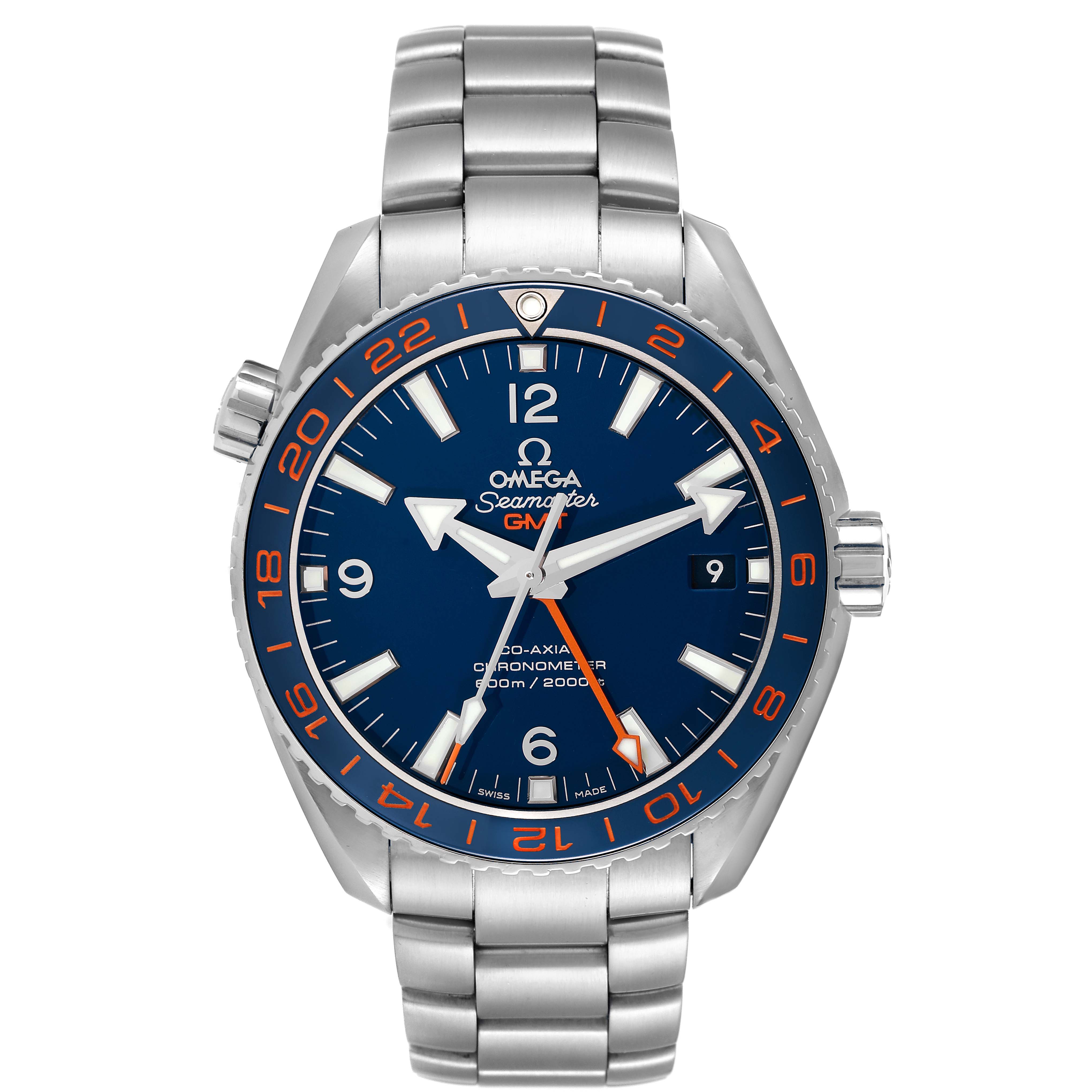 The Omega Planet Ocean 232.30.44.22.03.001 Men
s Stainless Steel Blue Dial 232.30.44.22.03.001 Men
s Stainless Steel Blue Dial watch is shown from the front, highlighting the metal bracelet, blue dial, and orange-accented bezel.