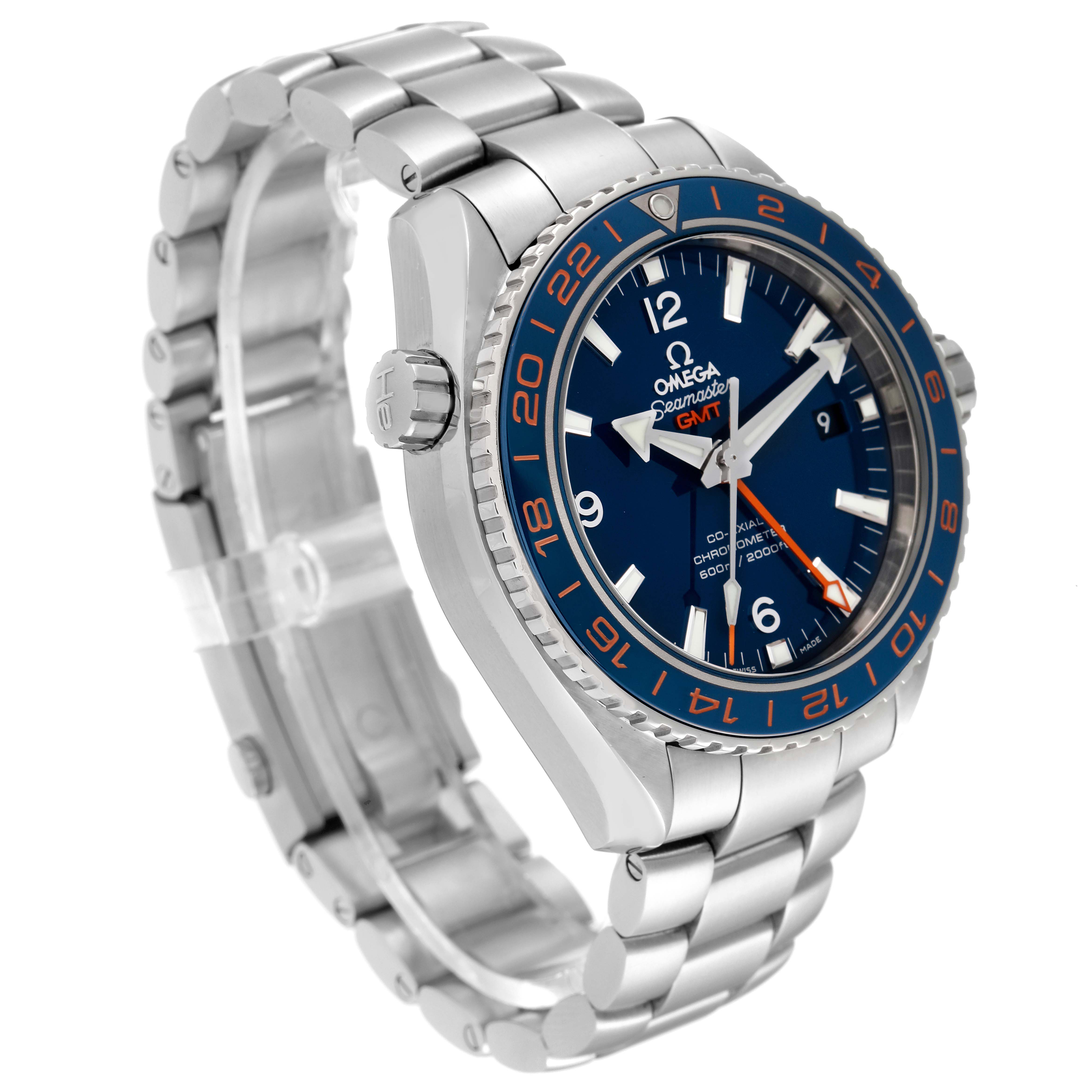 The image shows a side-angled view of the Omega Planet Ocean 232.30.44.22.03.001 Men
s Stainless Steel Blue Dial 232.30.44.22.03.001 Men
s Stainless Steel Blue Dial watch, highlighting the face, bezel, crown, and metal bracelet.
