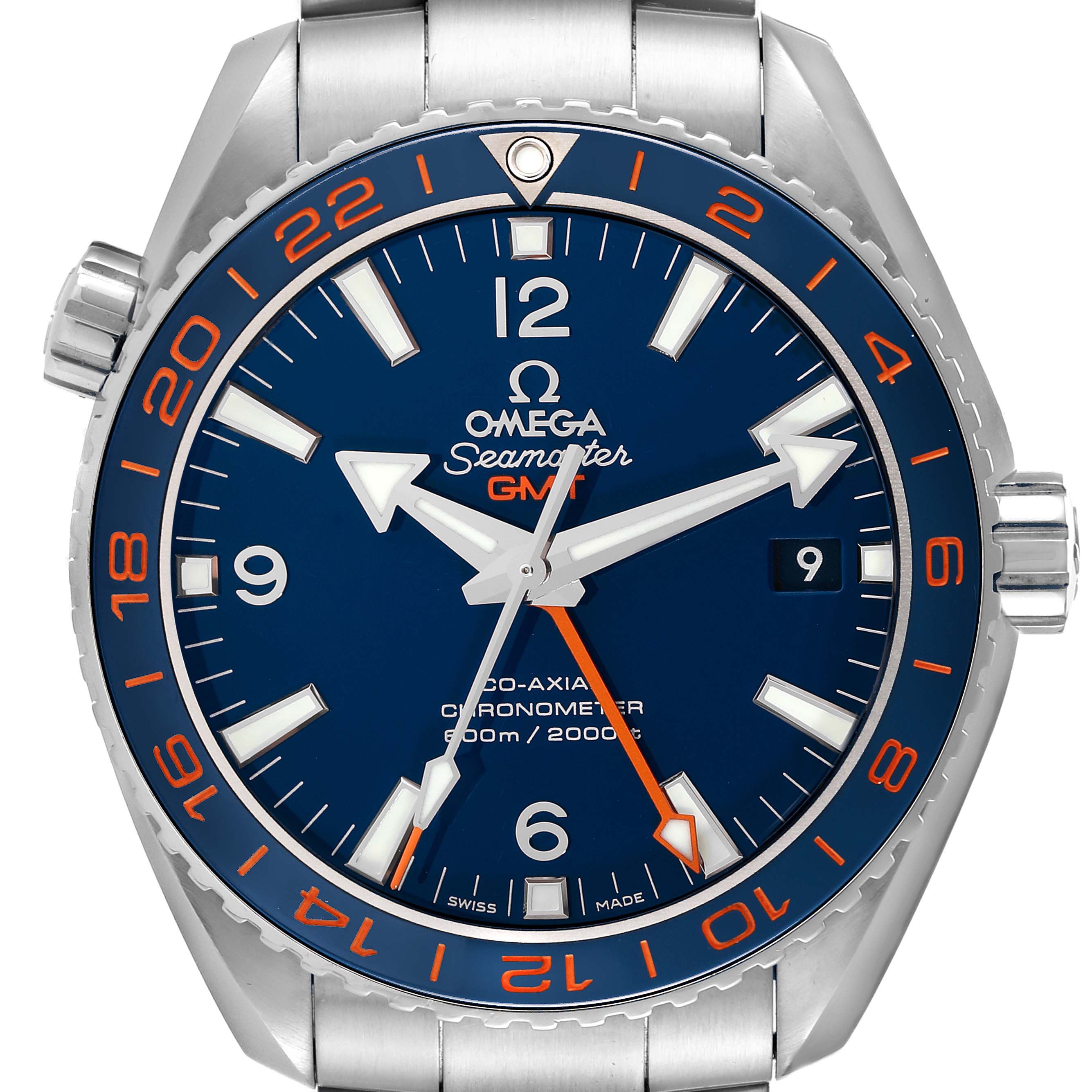 This image shows a front-view of the Omega Planet Ocean 232.30.44.22.03.001 Men
s Stainless Steel Blue Dial 232.30.44.22.03.001 Men
s Stainless Steel Blue Dial Seamaster watch, highlighting the dial, bezel, and crown.