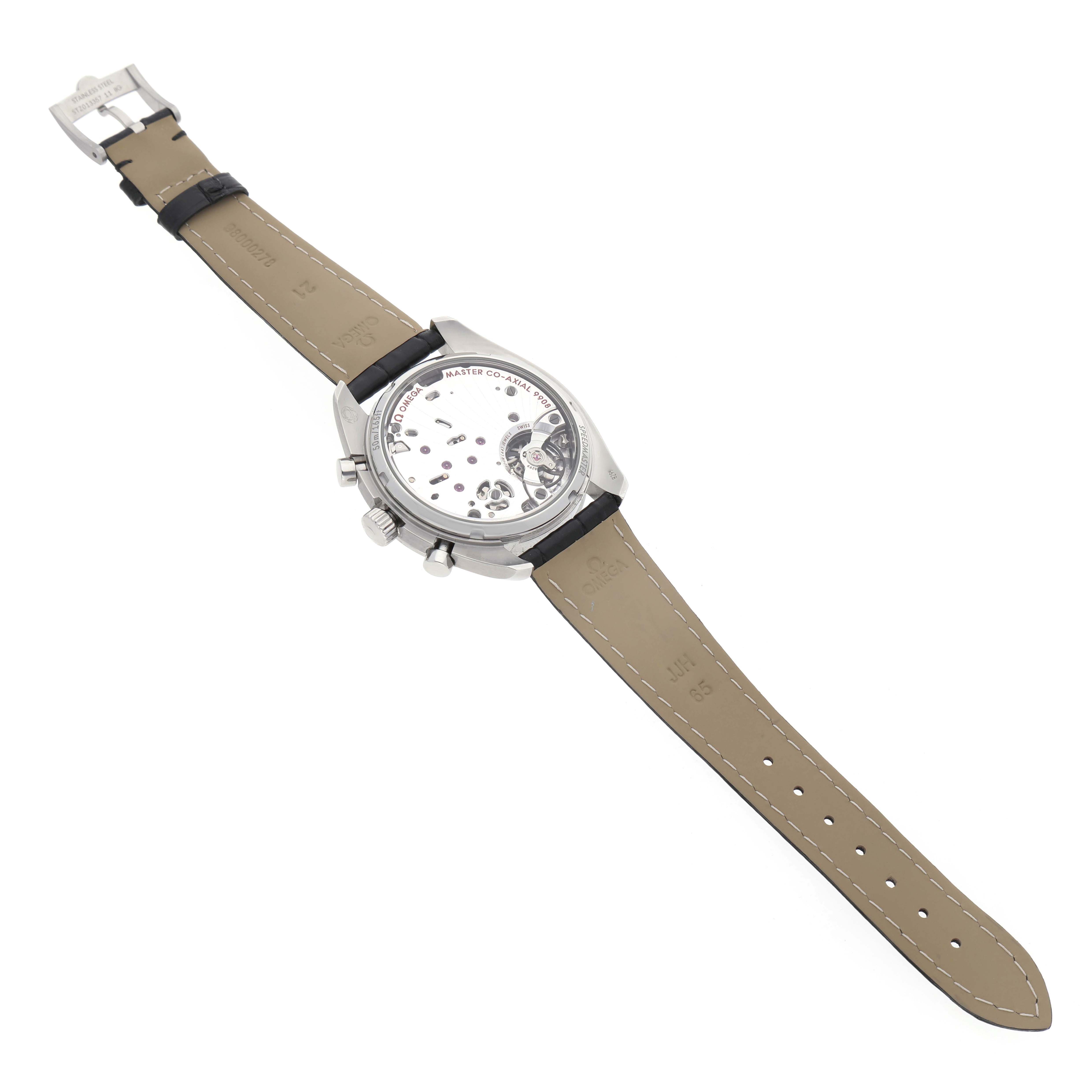 The Omega Speedmaster 329.33.43.51.02.001 Men's Stainless Steel Silver Dial is shown from the back, displaying its movement and leather strap.