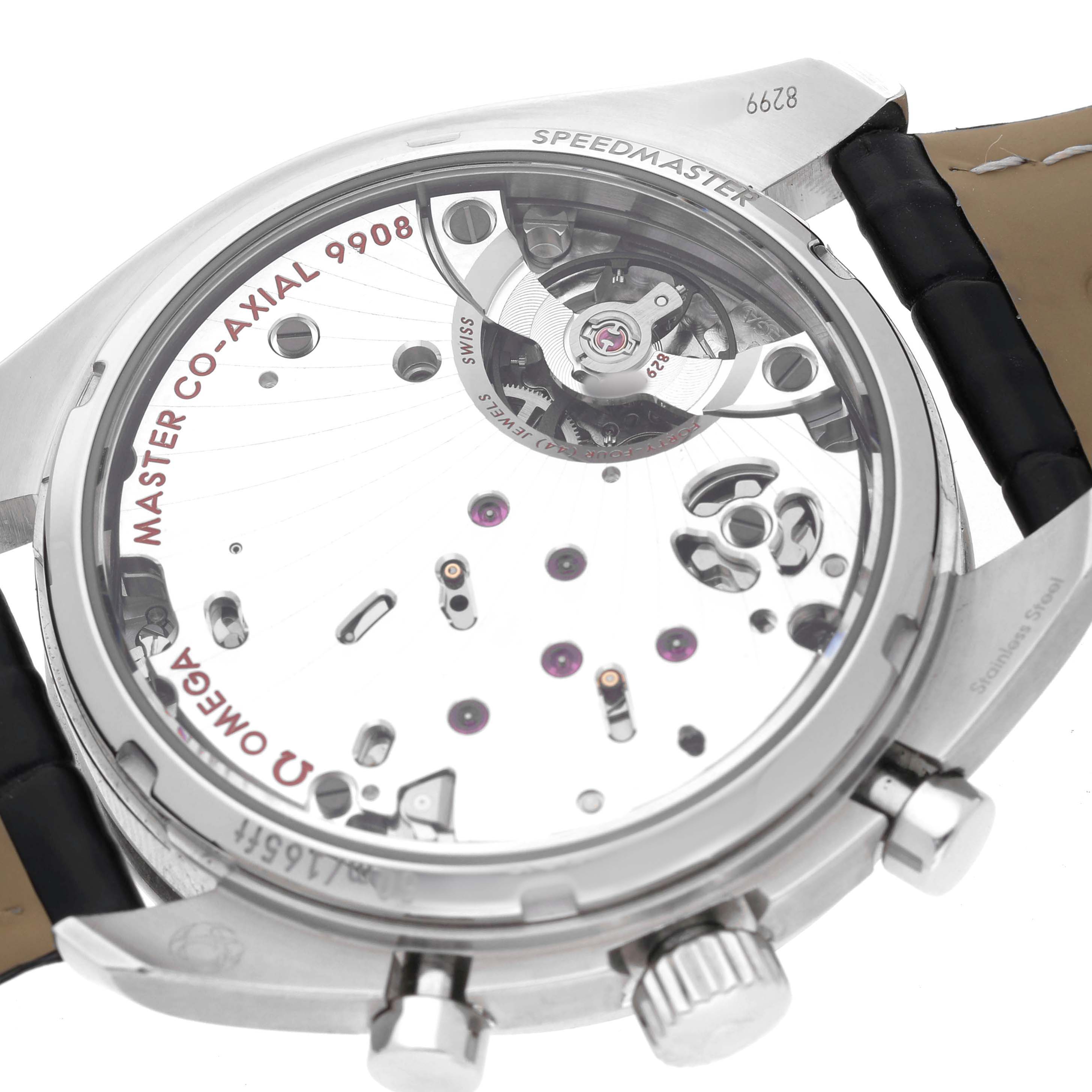 The image shows the back case of the Omega Speedmaster 329.33.43.51.02.001 Men's Stainless Steel Silver Dial, highlighting its exposed movement and co-axial mechanism.