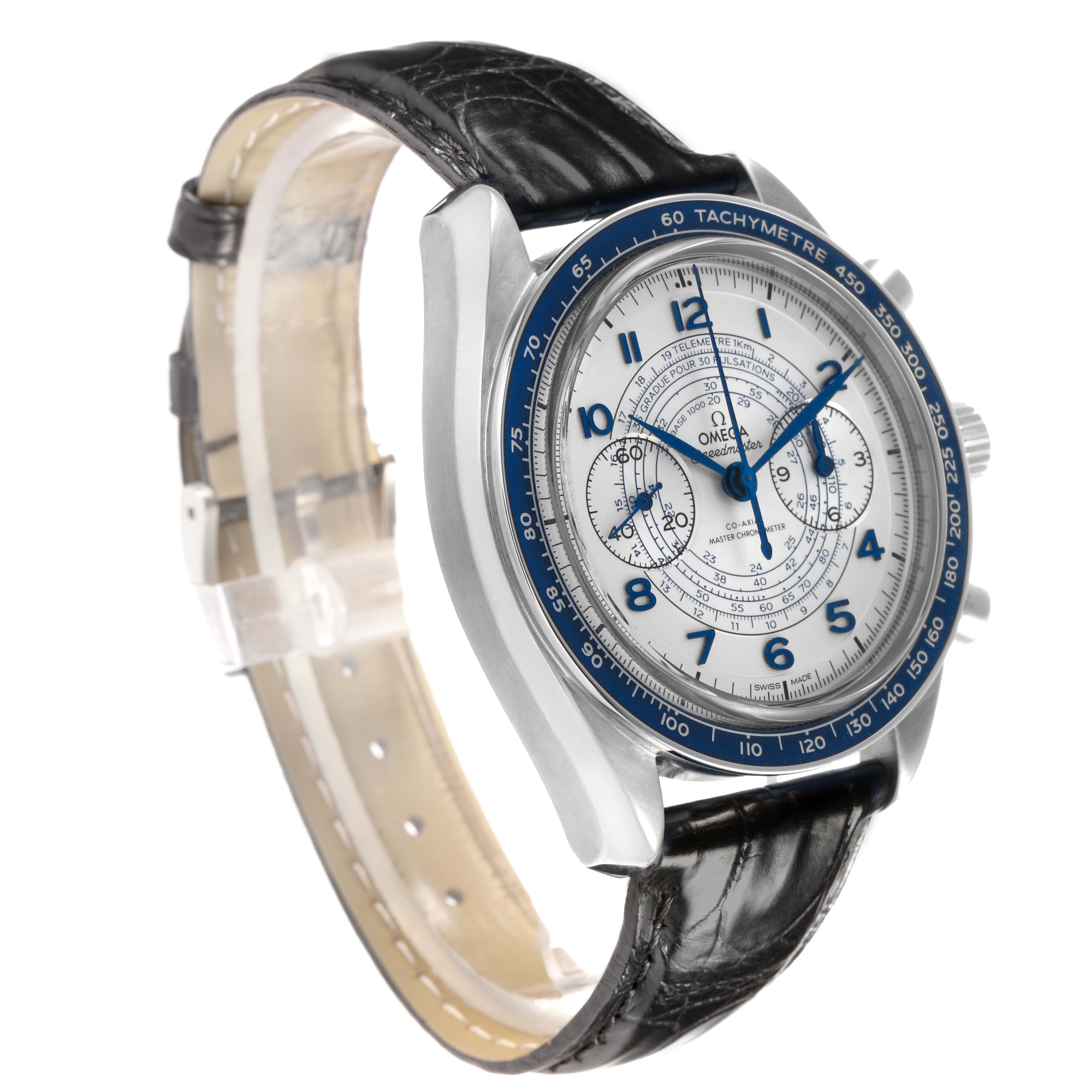 The Omega Speedmaster 329.33.43.51.02.001 Men's Stainless Steel Silver Dial watch is shown at a three-quarter angle, highlighting the dial, tachymeter bezel, and leather strap.
