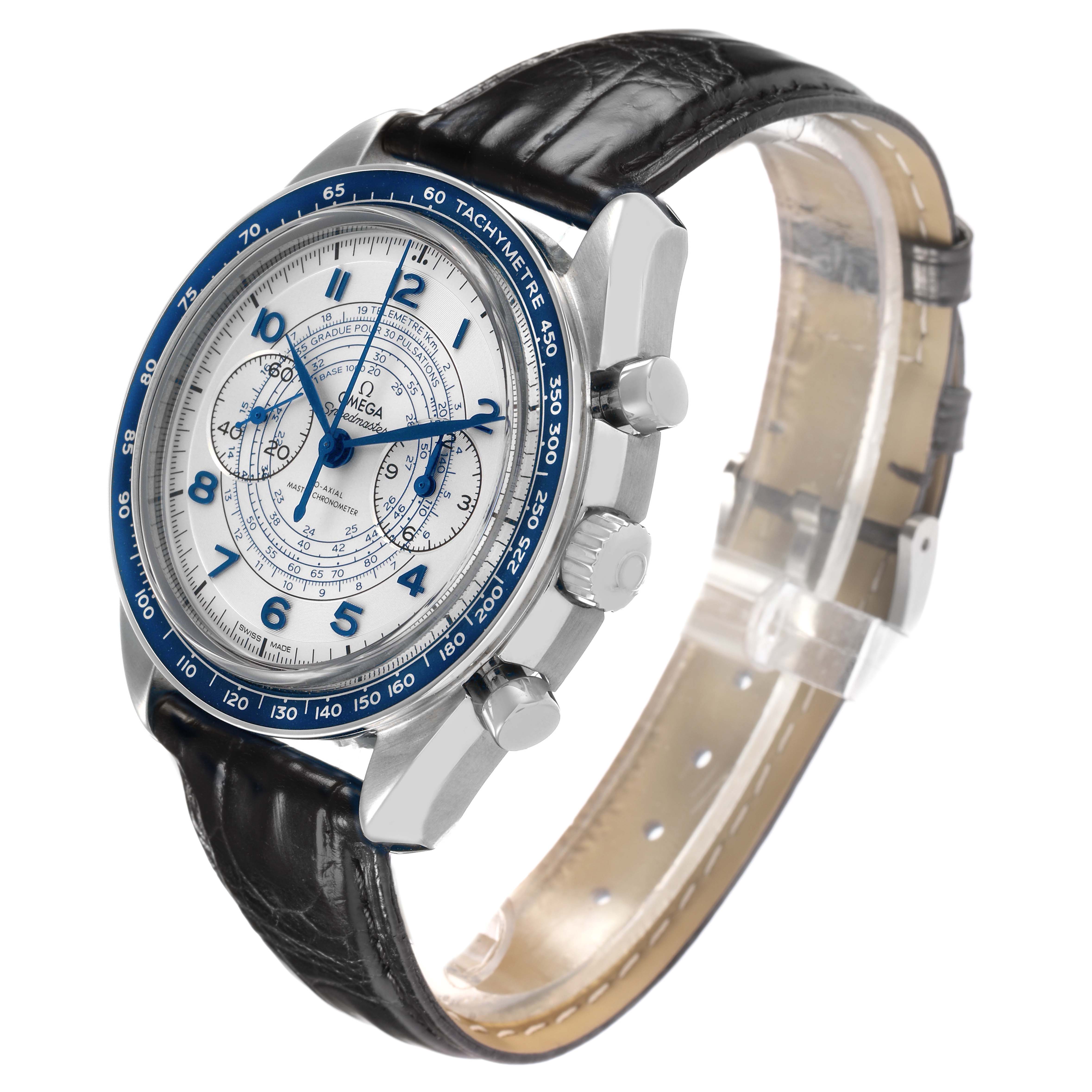The Omega Speedmaster 329.33.43.51.02.001 Men's Stainless Steel Silver Dial watch is shown at a three-quarter angle, highlighting the face, bezel, chronograph buttons, and leather strap.