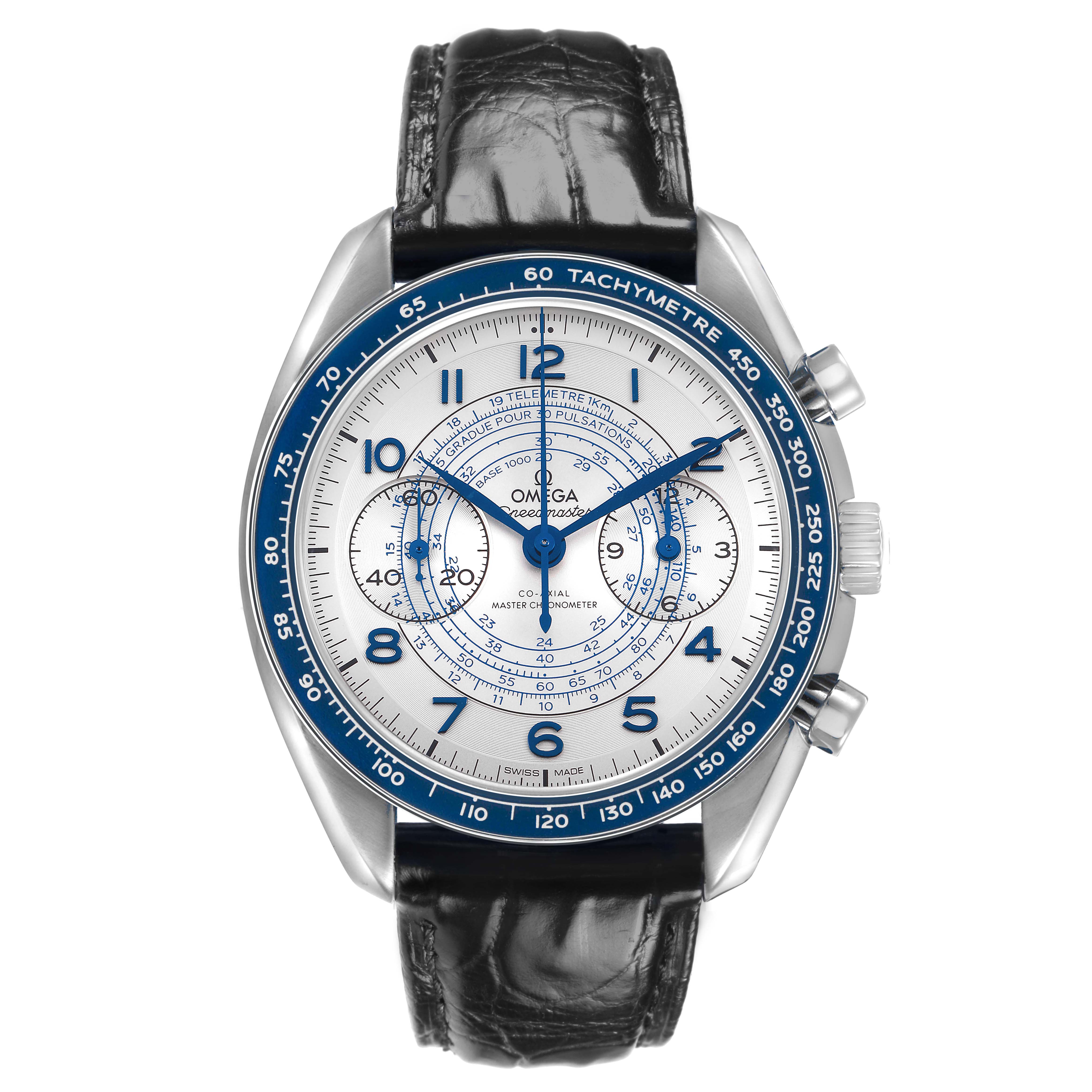 The Omega Speedmaster 329.33.43.51.02.001 Men's Stainless Steel Silver Dial watch is shown from the front, highlighting its dial, bezel, and leather strap.