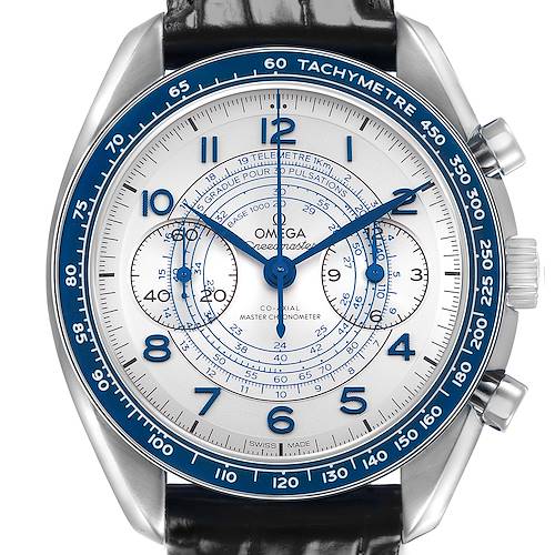 The Omega Speedmaster 329.33.43.51.02.001 Men's Stainless Steel Silver Dial watch is shown from a front angle, highlighting its blue tachymeter bezel, dial, and subdials.