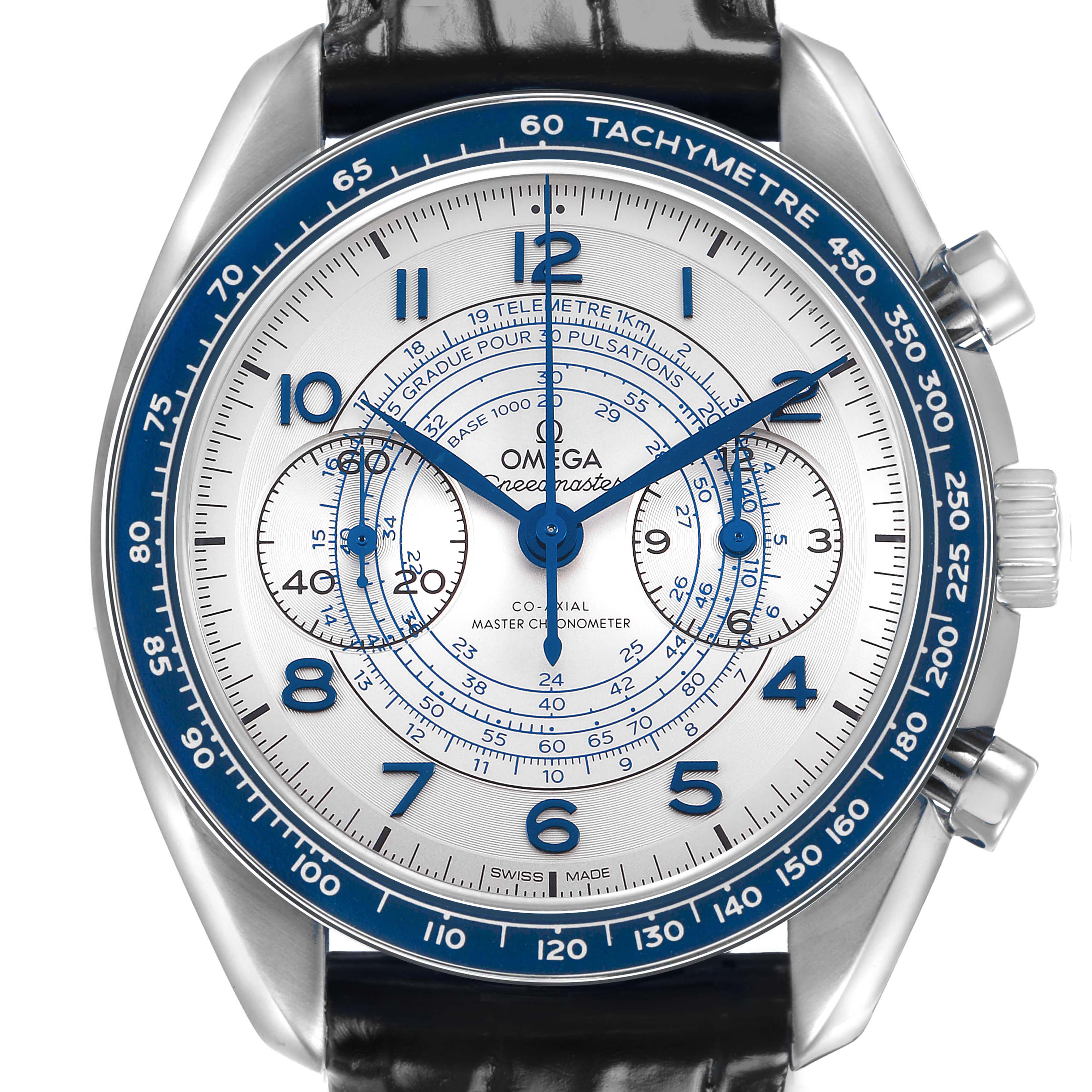 The Omega Speedmaster 329.33.43.51.02.001 Men's Stainless Steel Silver Dial watch is shown from the front, highlighting the dial, bezel, and strap details.