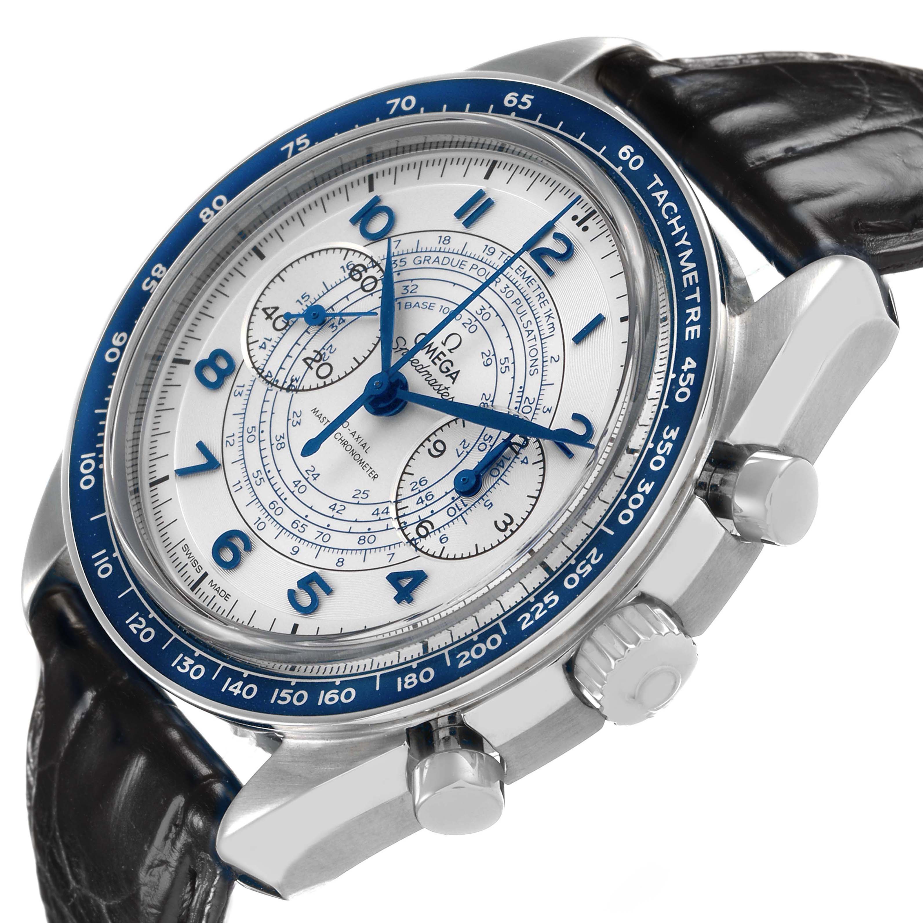 The Omega Speedmaster 329.33.43.51.02.001 Men's Stainless Steel Silver Dial watch is shown at an angle revealing the dial, tachymeter bezel, and pushers.