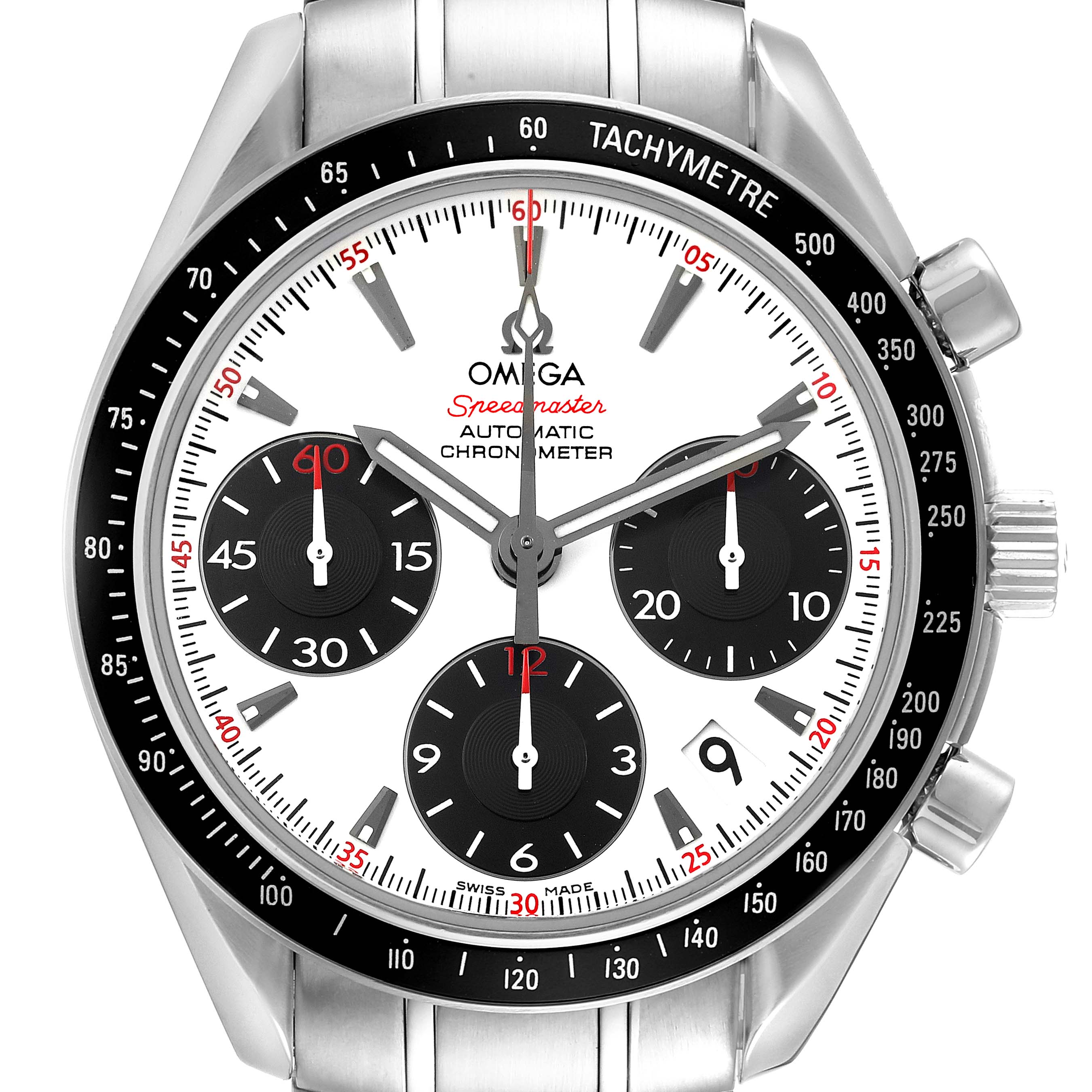 The image shows the front view of an Omega Speedmaster 323.30.40.40.04.001 Men's Stainless Steel White Dial 323.30.40.40.04.001 Men's Stainless Steel White Dial watch, highlighting its dial, subdials, and bezel.