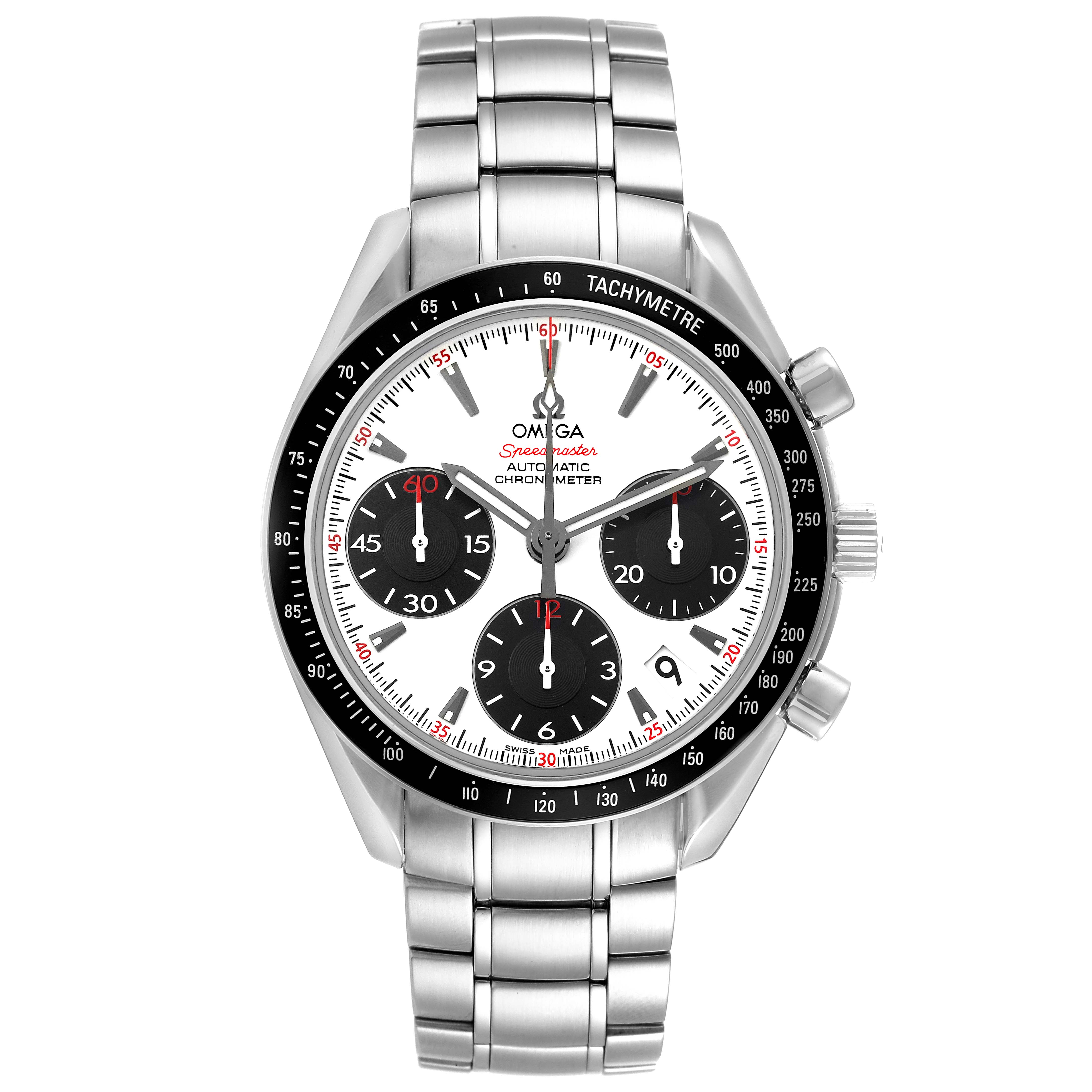 This image shows a frontal view of an Omega Speedmaster 323.30.40.40.04.001 Men's Stainless Steel White Dial 323.30.40.40.04.001 Men's Stainless Steel White Dial watch, featuring a stainless steel bracelet, black subdials, and a tachymeter bezel.
