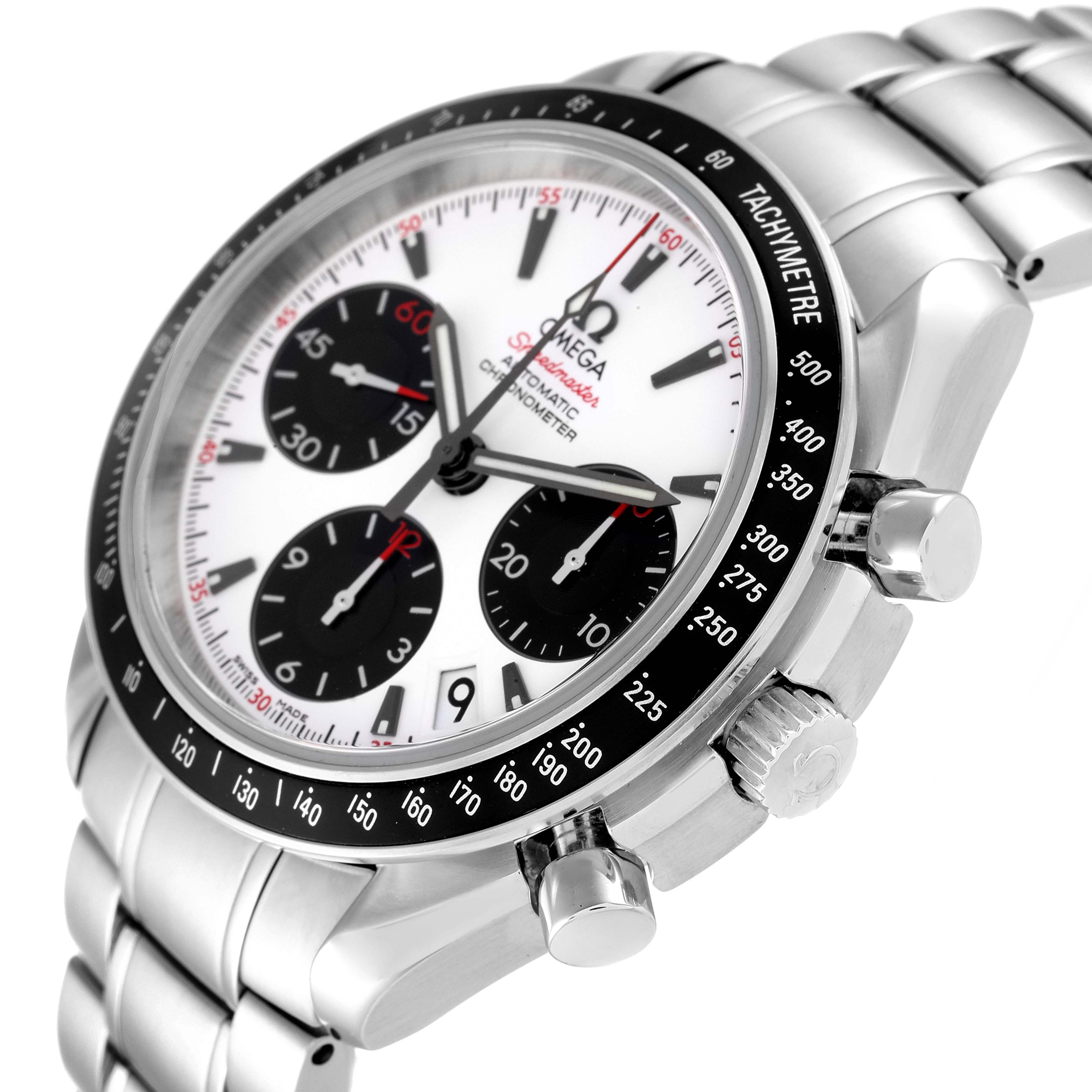 This is an angled view of an Omega Speedmaster 323.30.40.40.04.001 Men's Stainless Steel White Dial 323.30.40.40.04.001 Men's Stainless Steel White Dial watch showing its face, tachymeter bezel, crown, pushers, and steel bracelet.