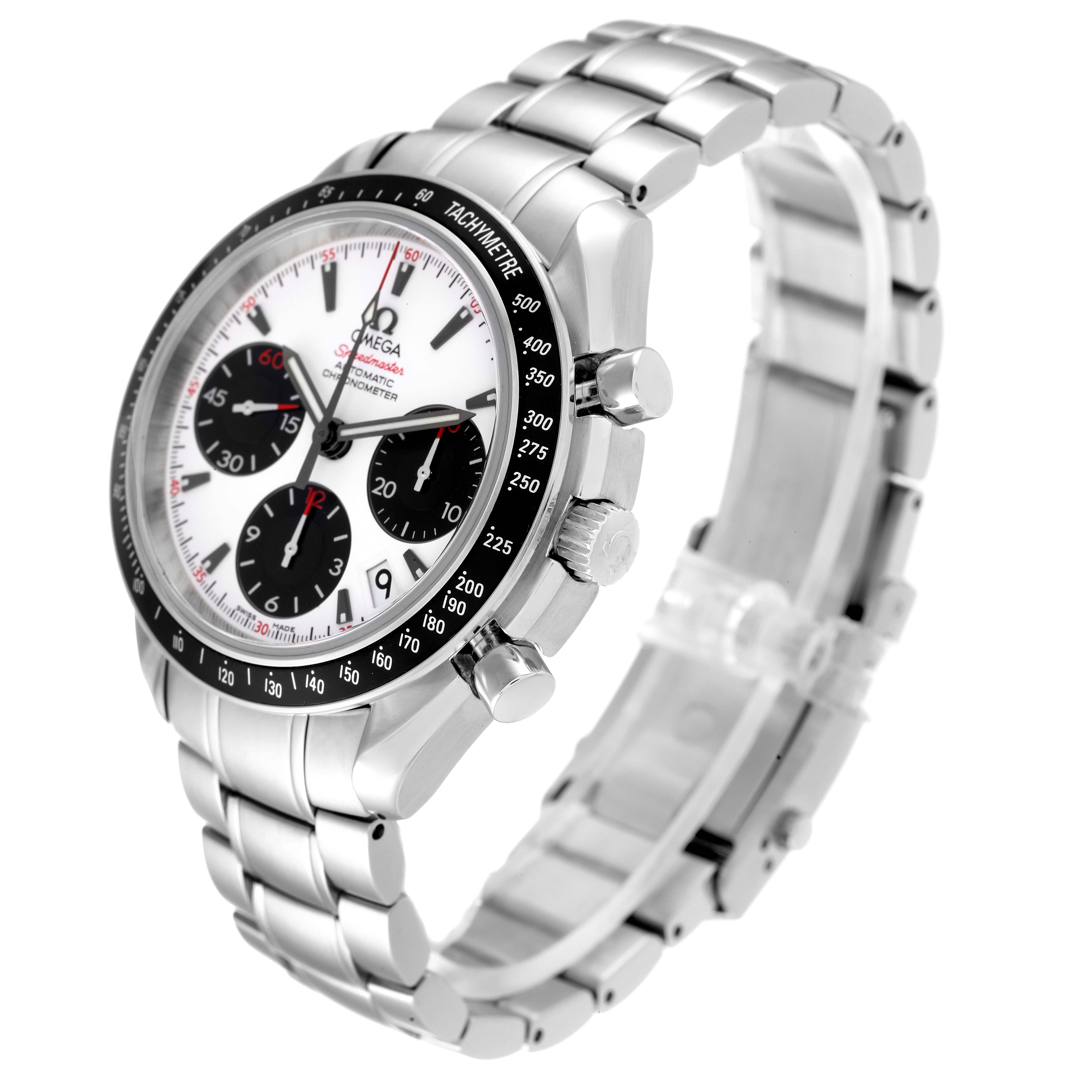 The image shows a side angle of an Omega Speedmaster 323.30.40.40.04.001 Men's Stainless Steel White Dial 323.30.40.40.04.001 Men's Stainless Steel White Dial watch displaying its face, dial, bezel, crown, pushers, and stainless steel bracelet.
