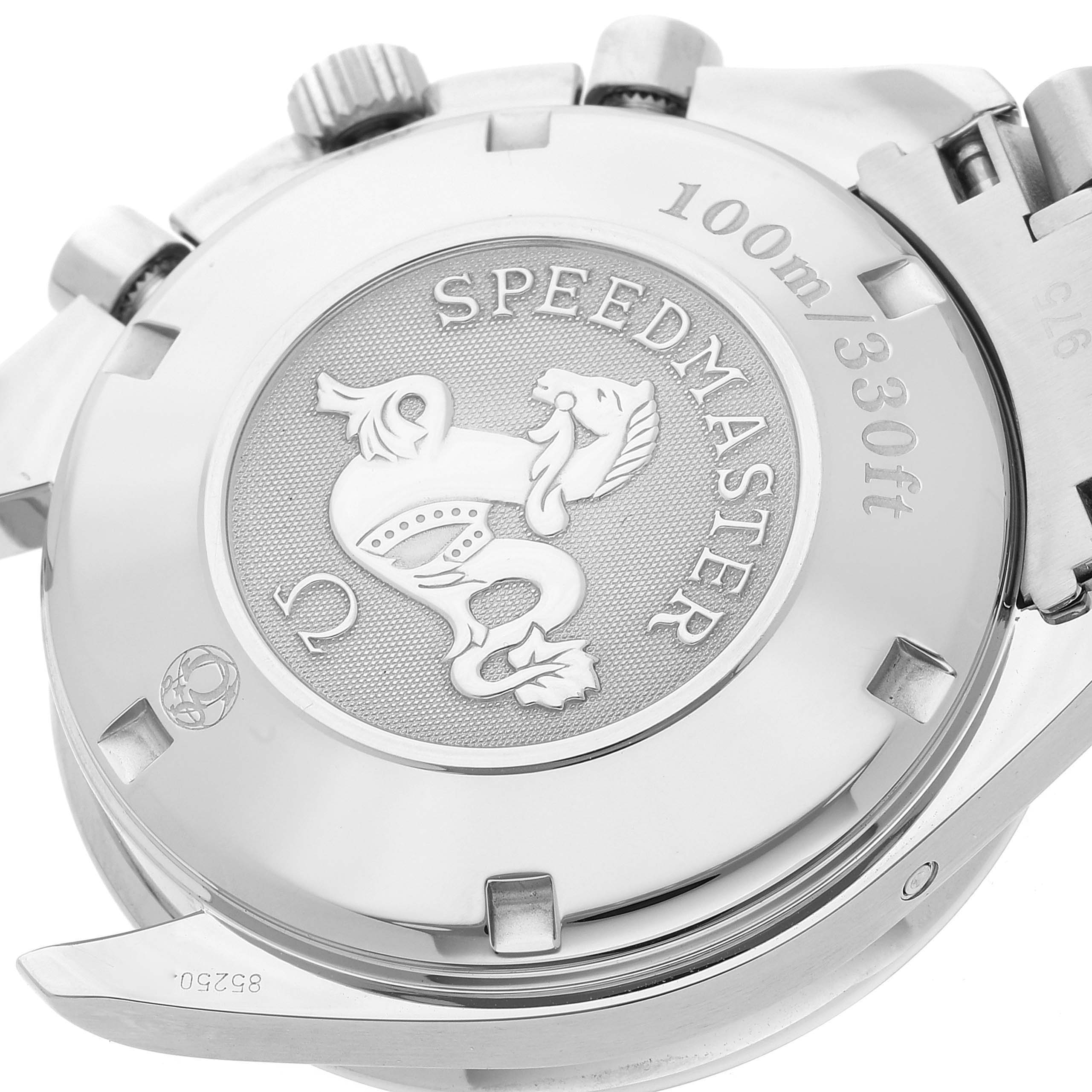 This is a close-up of the case back of the Omega Speedmaster 323.30.40.40.04.001 Men's Stainless Steel White Dial 323.30.40.40.04.001 Men's Stainless Steel White Dial, showing the watch's emblem and water resistance rating.