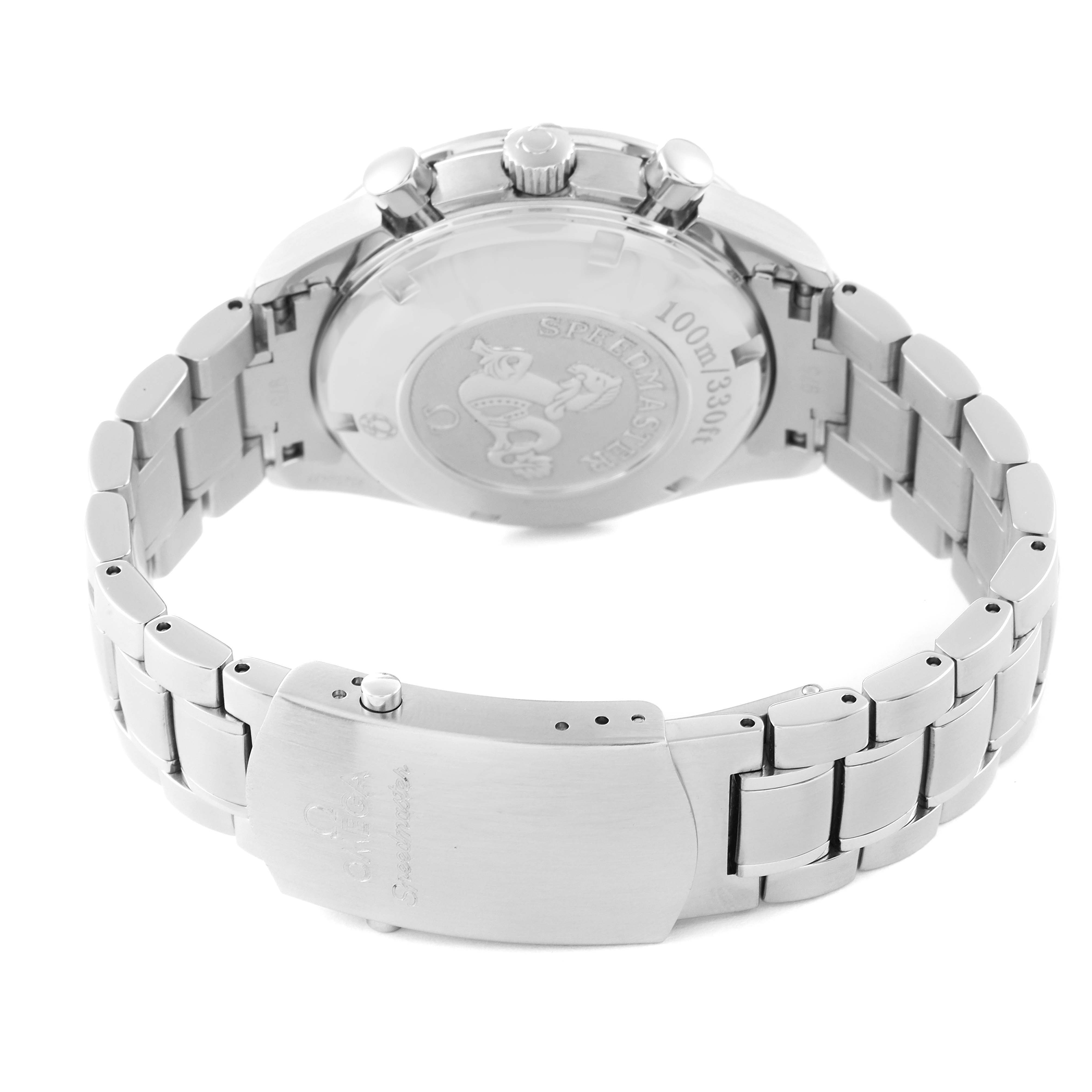 This image shows the back of an Omega Speedmaster 323.30.40.40.04.001 Men's Stainless Steel White Dial 323.30.40.40.04.001 Men's Stainless Steel White Dial watch, highlighting the bracelet, clasp, and case back.