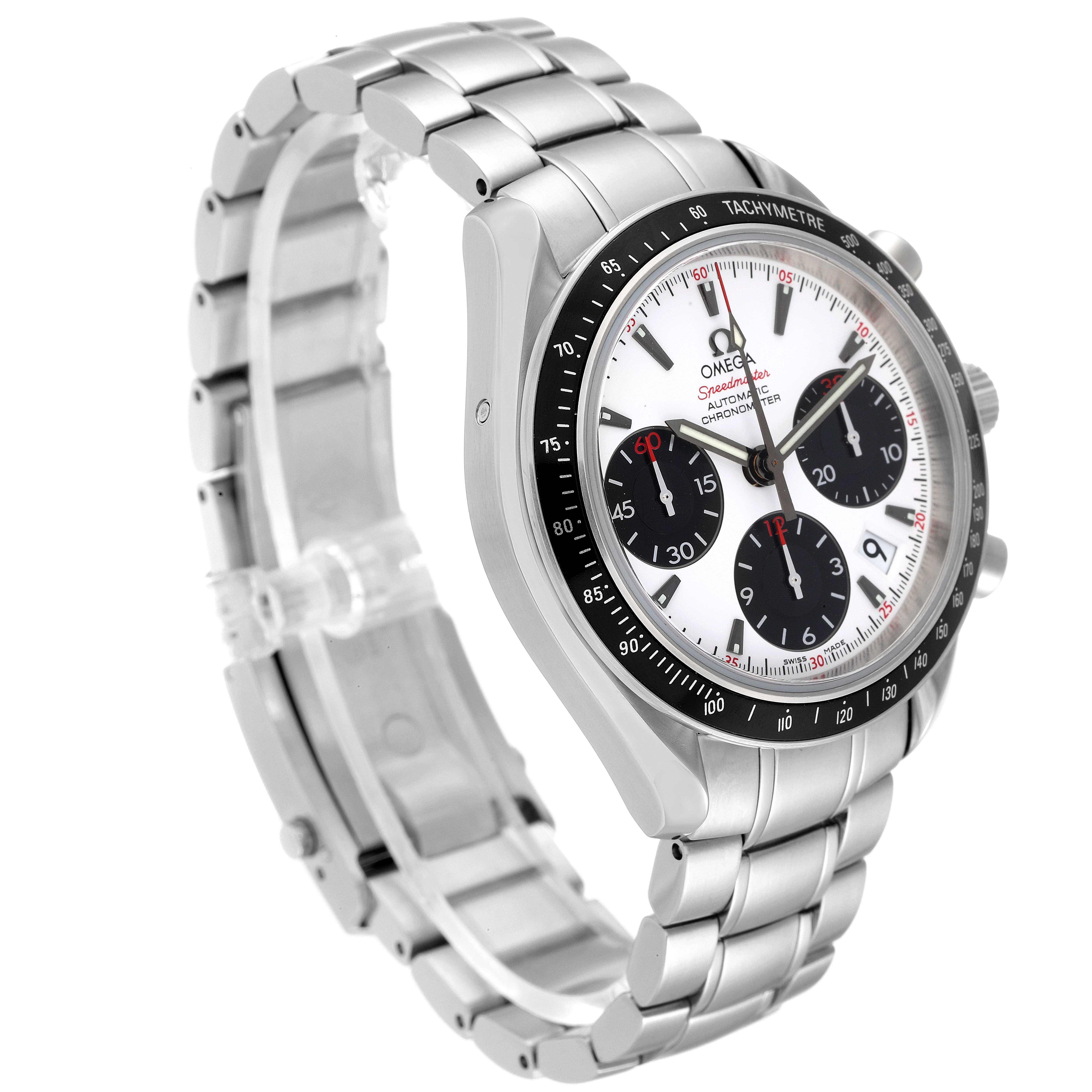 The Omega Speedmaster 323.30.40.40.04.001 Men's Stainless Steel White Dial 323.30.40.40.04.001 Men's Stainless Steel White Dial watch is shown at a three-quarter angle, highlighting its stainless steel bracelet, tachymeter bezel, and chronograph dials.