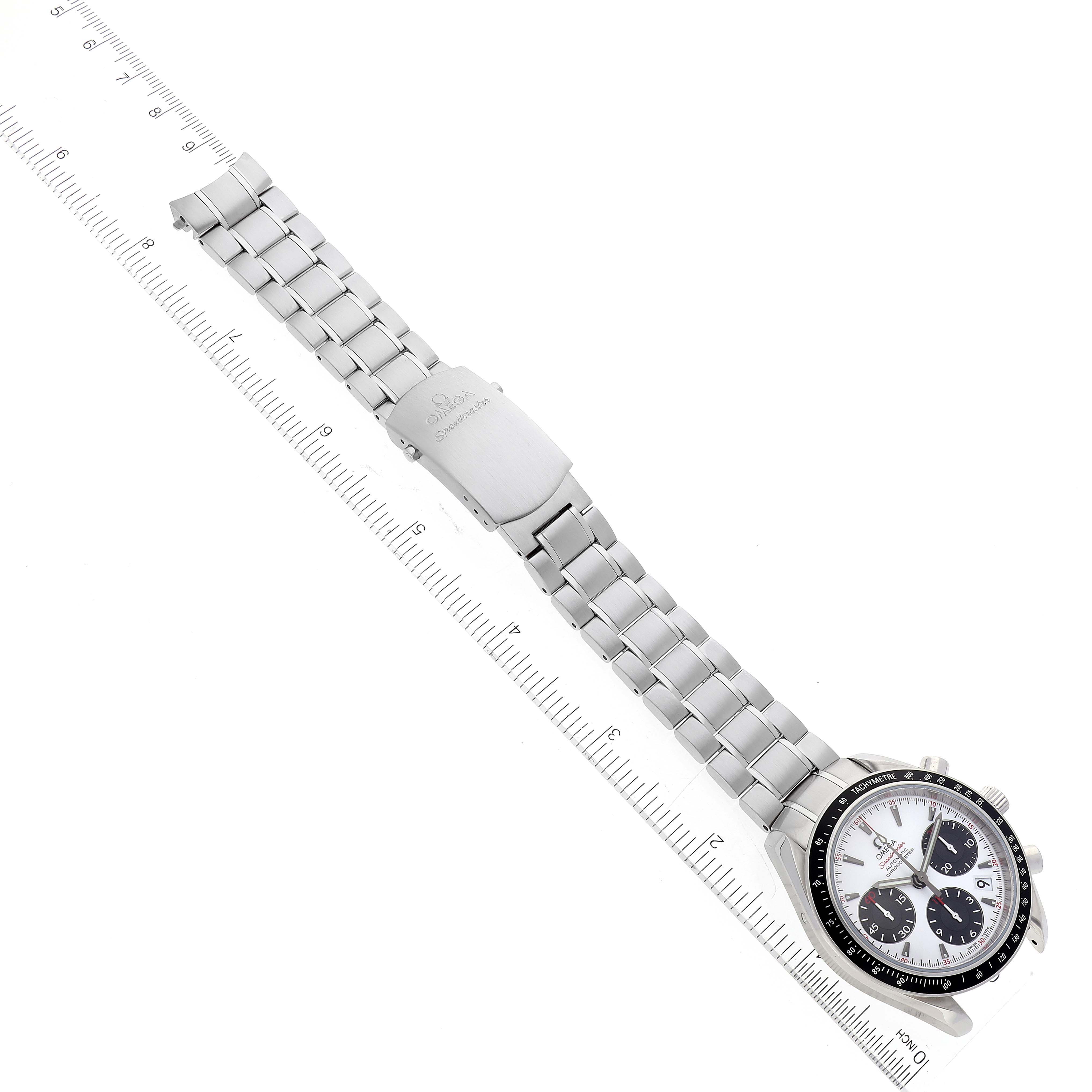 The image shows the full length of the Omega Speedmaster 323.30.40.40.04.001 Men's Stainless Steel White Dial 323.30.40.40.04.001 Men's Stainless Steel White Dial watch, including its stainless steel bracelet and the face of the watch.