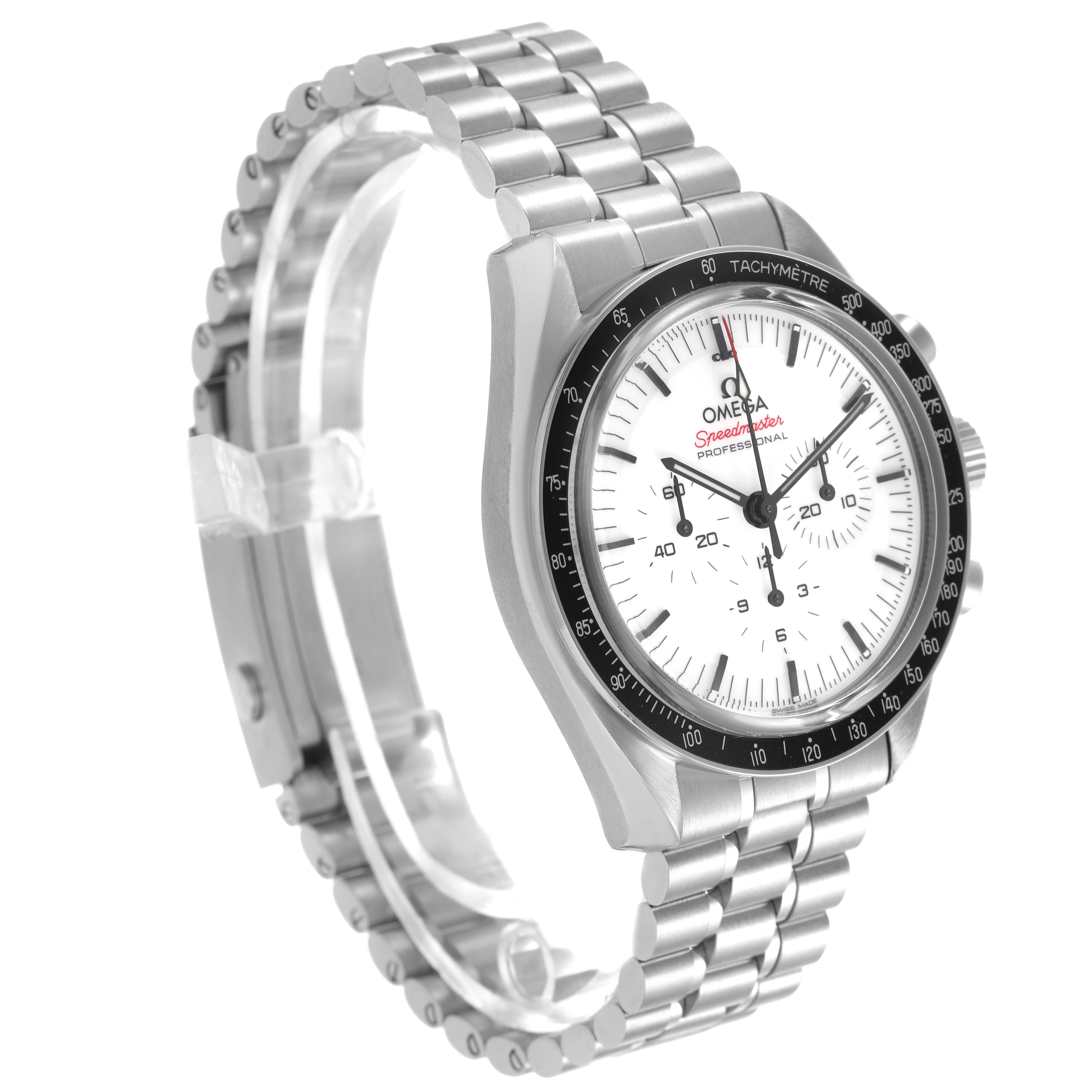 The Omega Speedmaster 310.30.42.50.04.001 Men's Stainless Steel White Dial is shown from a front-left angle, displaying the dial, tachymeter bezel, and metal bracelet.