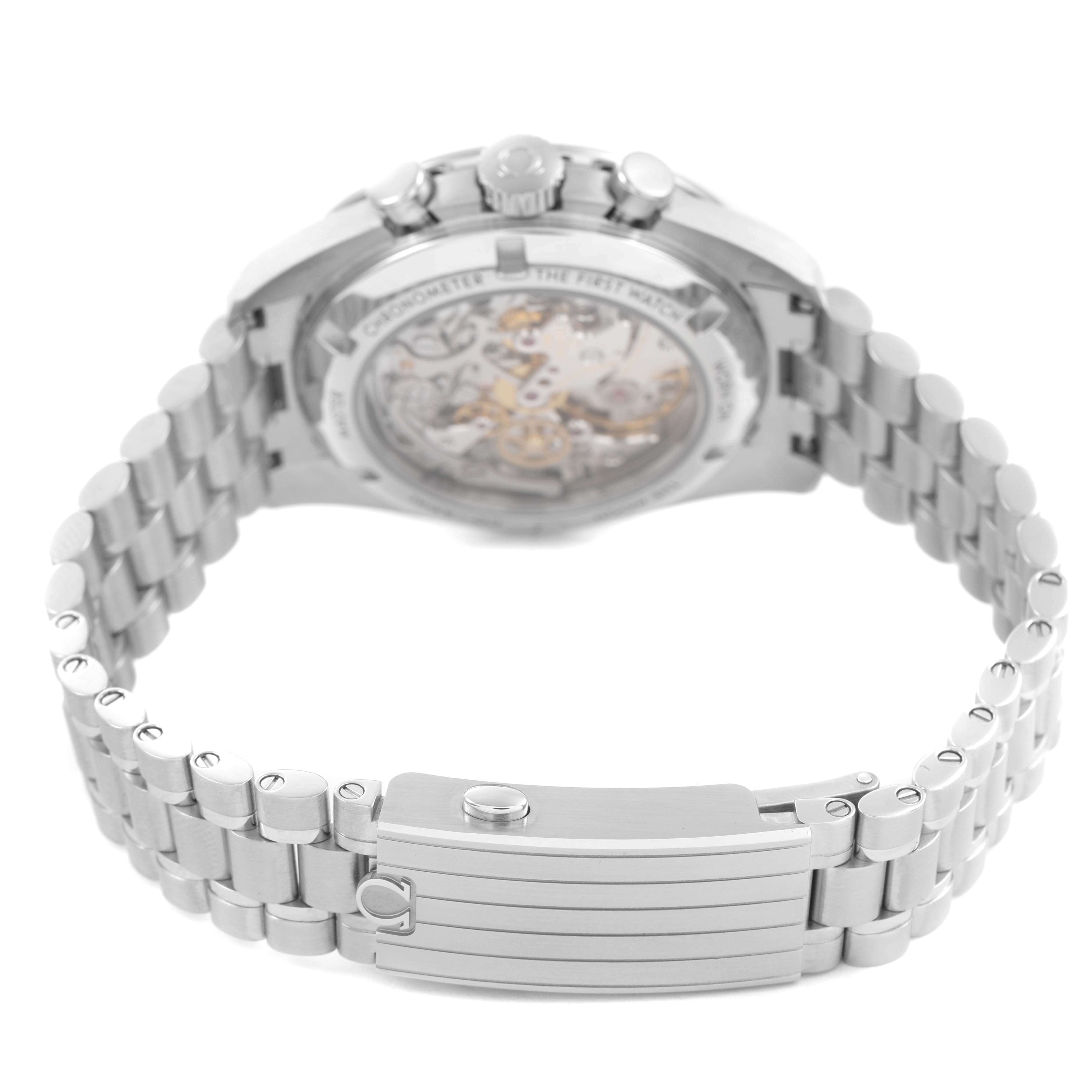 The image shows the Omega Speedmaster 310.30.42.50.04.001 Men's Stainless Steel White Dial's back view, highlighting the transparent case back and metal bracelet clasp.