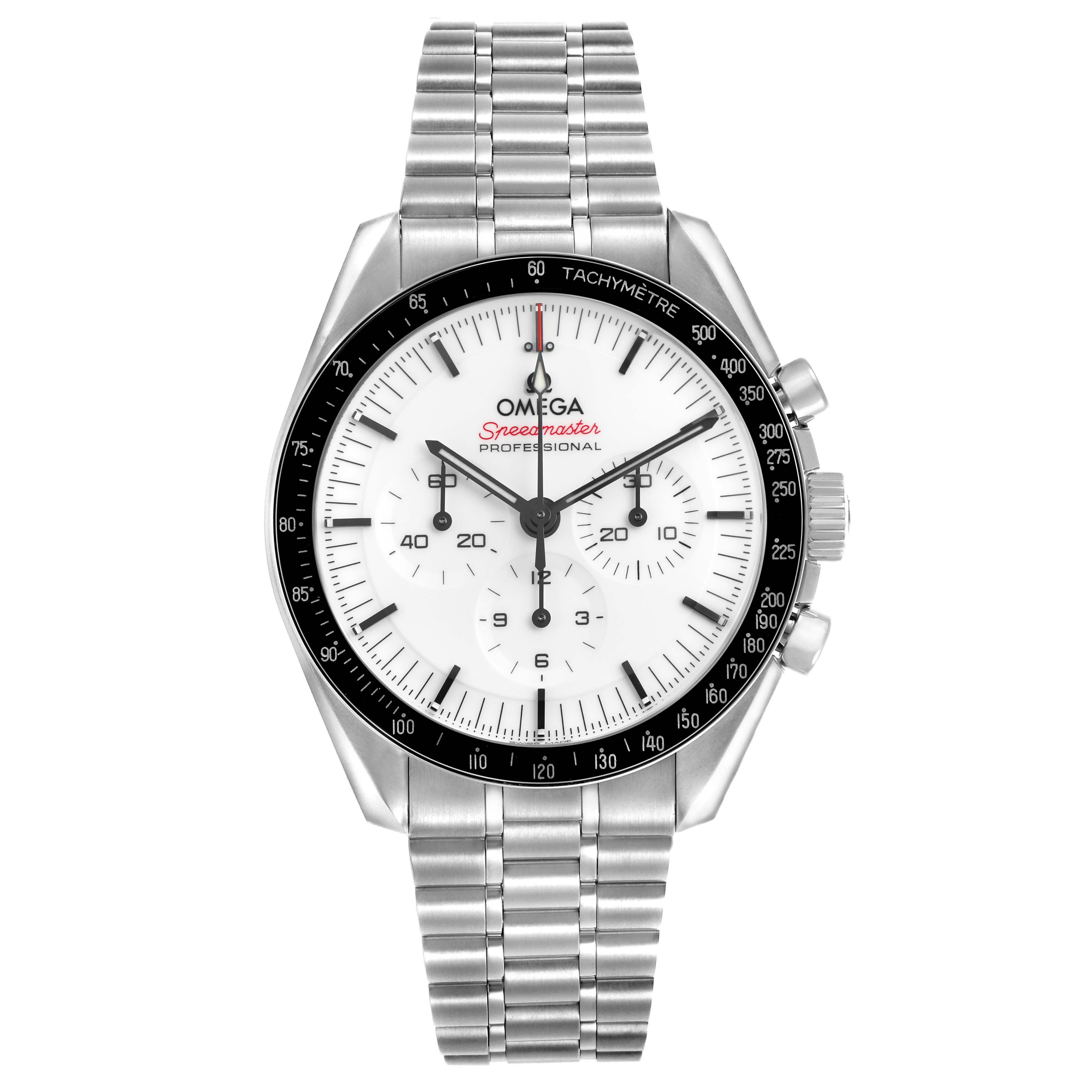 The Omega Speedmaster 310.30.42.50.04.001 Men's Stainless Steel White Dial watch is shown from a front view, highlighting the dial, bezel, pushers, and bracelet.