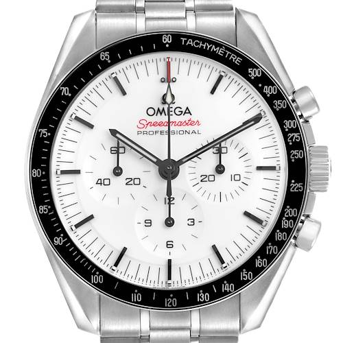 The Omega Speedmaster 310.30.42.50.04.001 Men's Stainless Steel White Dial watch is shown from the front, displaying its face, bezel, and crown.