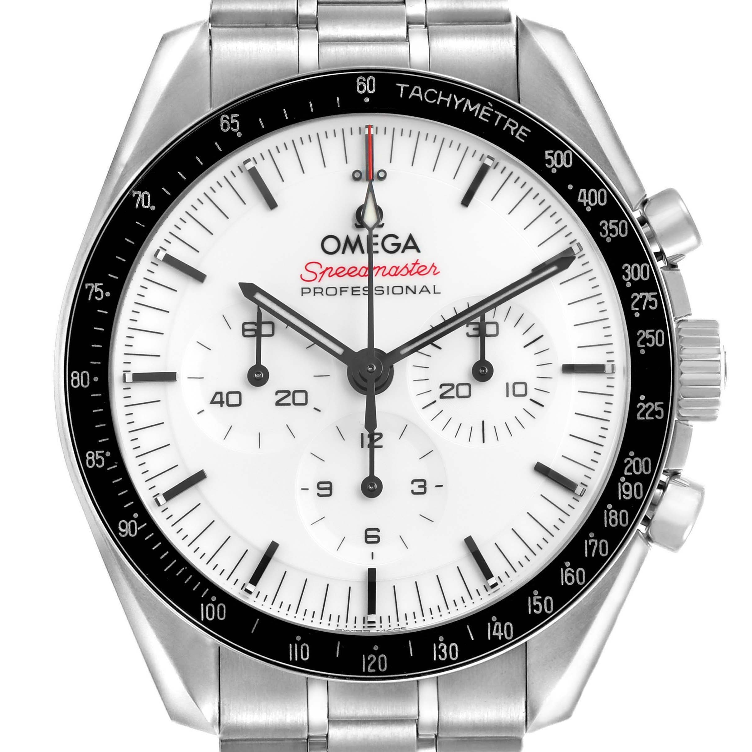 The Omega Speedmaster 310.30.42.50.04.001 Men's Stainless Steel White Dial is shown from a front angle, displaying the watch face, bezel, crown, and chronograph pushers.