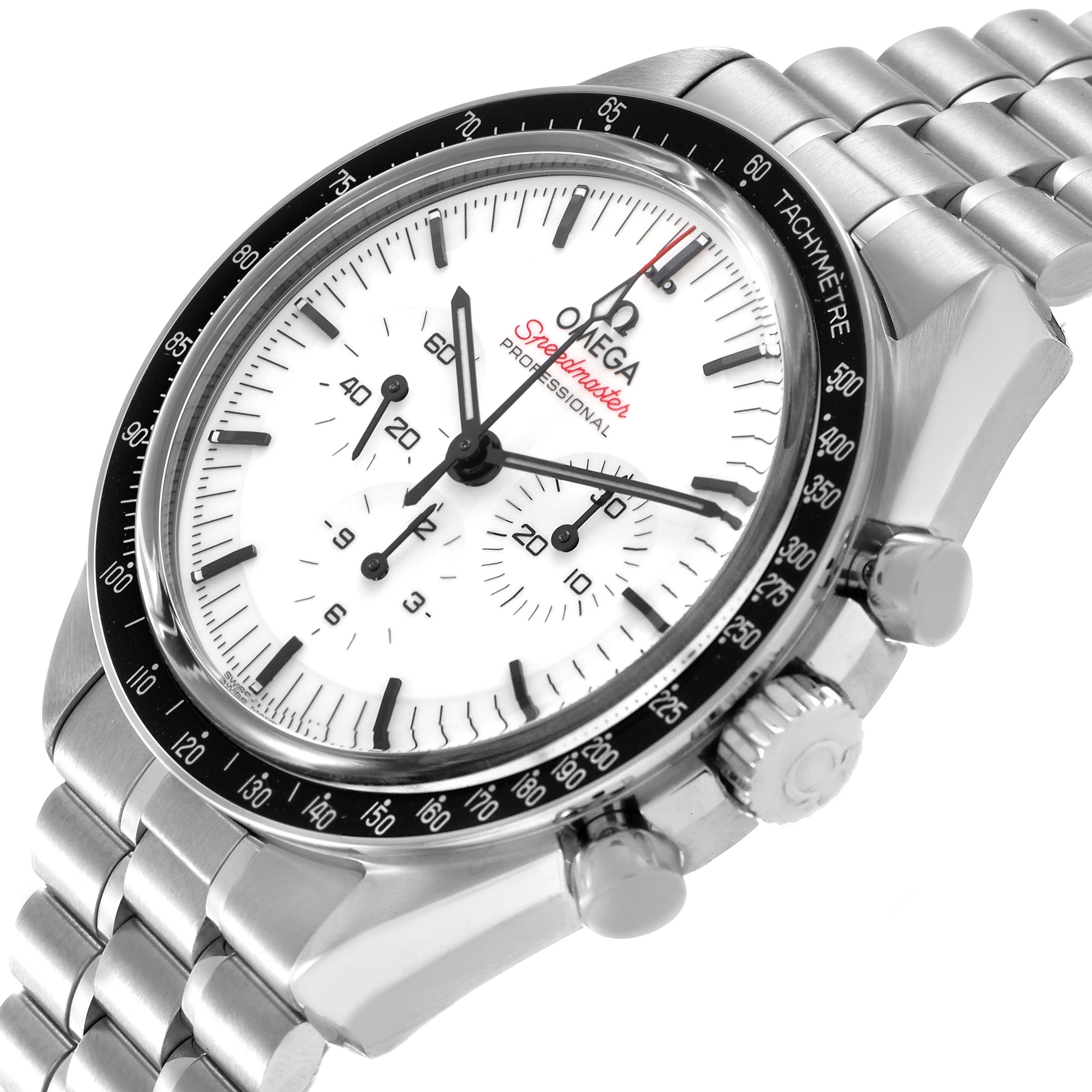 The Omega Speedmaster 310.30.42.50.04.001 Men's Stainless Steel White Dial watch is shown at an angled side view, displaying the dial, bezel, crown, and part of the bracelet.