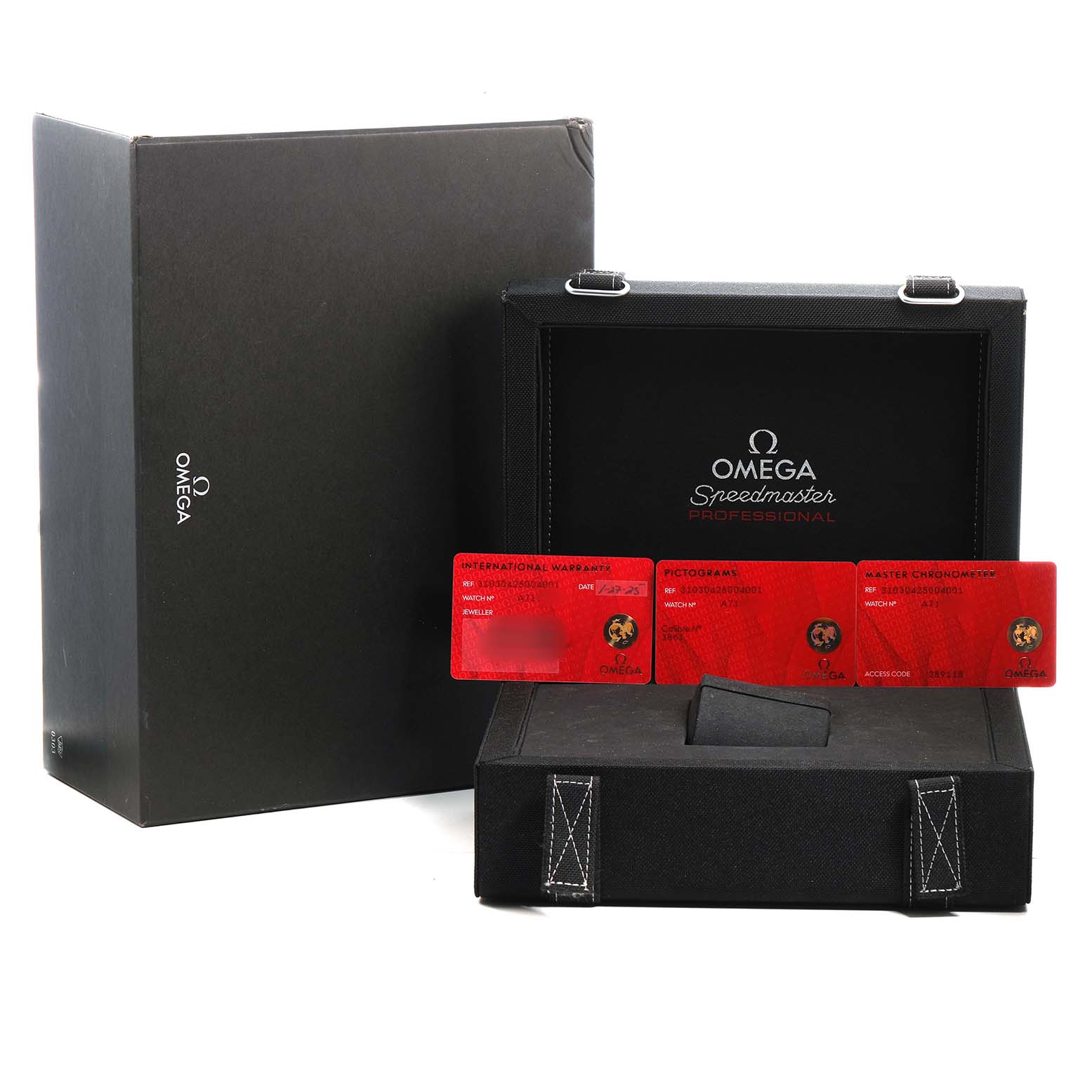 The image shows an Omega Speedmaster 310.30.42.50.04.001 Men's Stainless Steel White Dial box with warranty cards and accessories from a front angle.