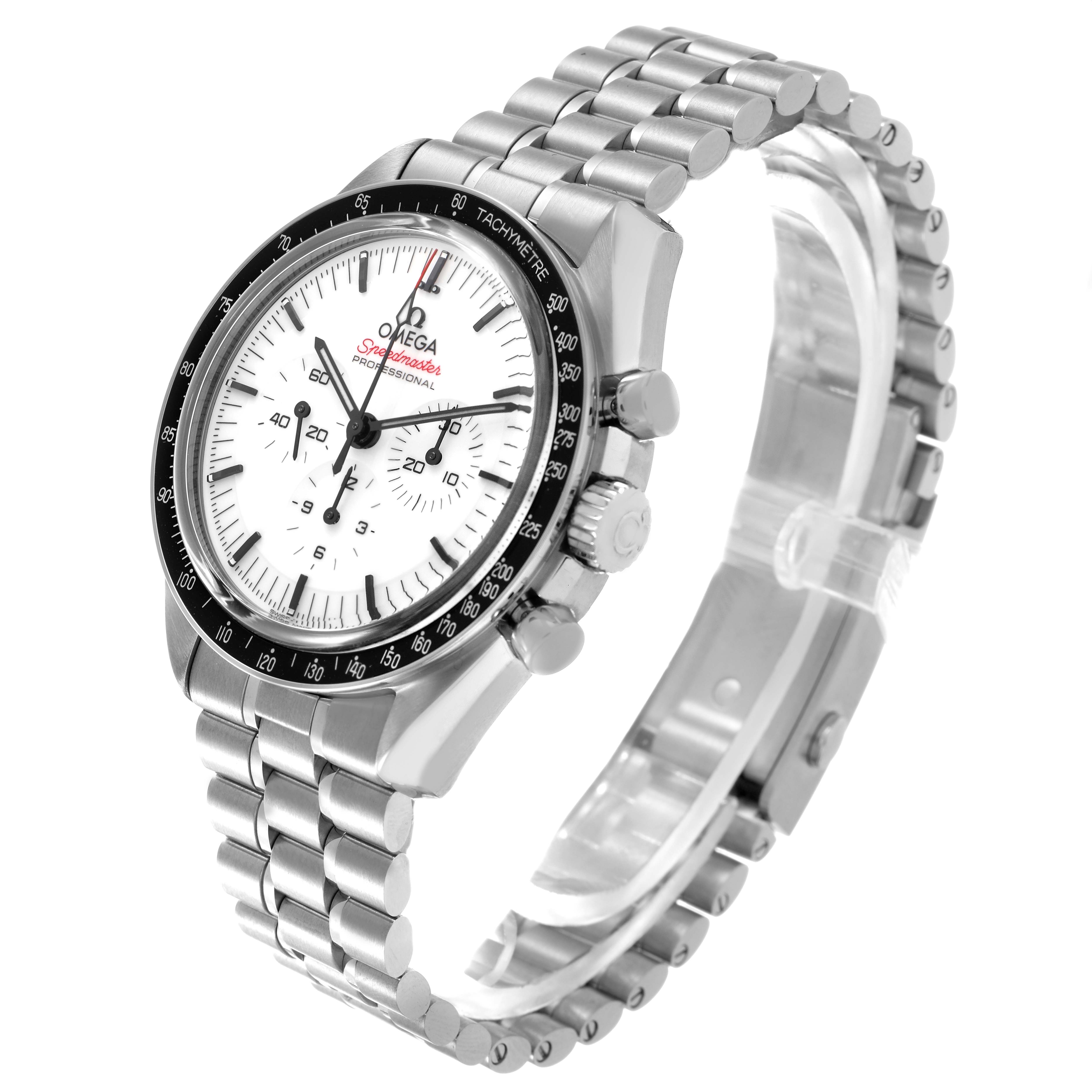 The Omega Speedmaster 310.30.42.50.04.001 Men's Stainless Steel White Dial watch is shown at a three-quarter angle, highlighting the dial, bezel, crown, and bracelet.