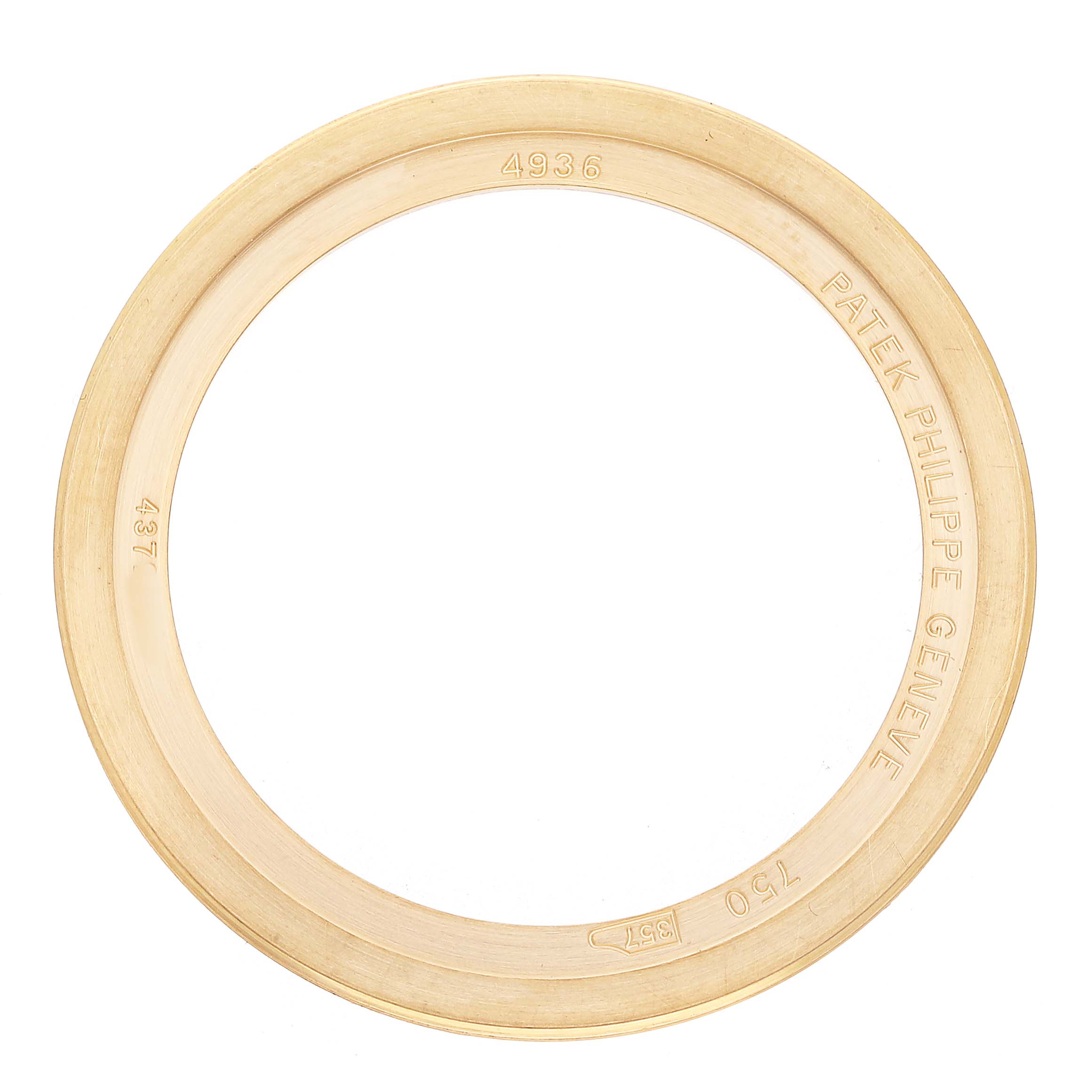 This image shows a gold bezel accessory for the Patek Philippe Complications 4936J Men's Yellow Gold Mother of Pearl Dial model, viewed from above.