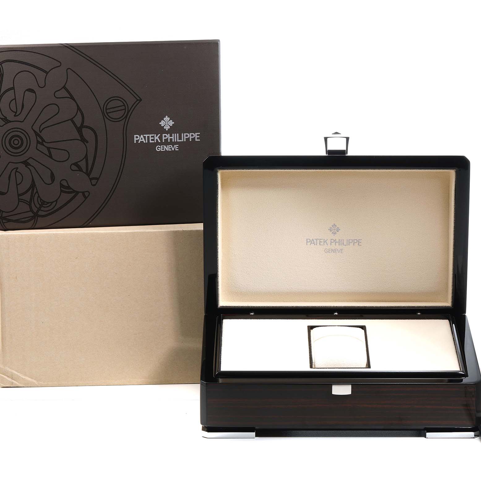 The image shows an open display box for a Patek Philippe Complications 4936J Men's Yellow Gold Mother of Pearl Dial watch alongside its outer packaging.