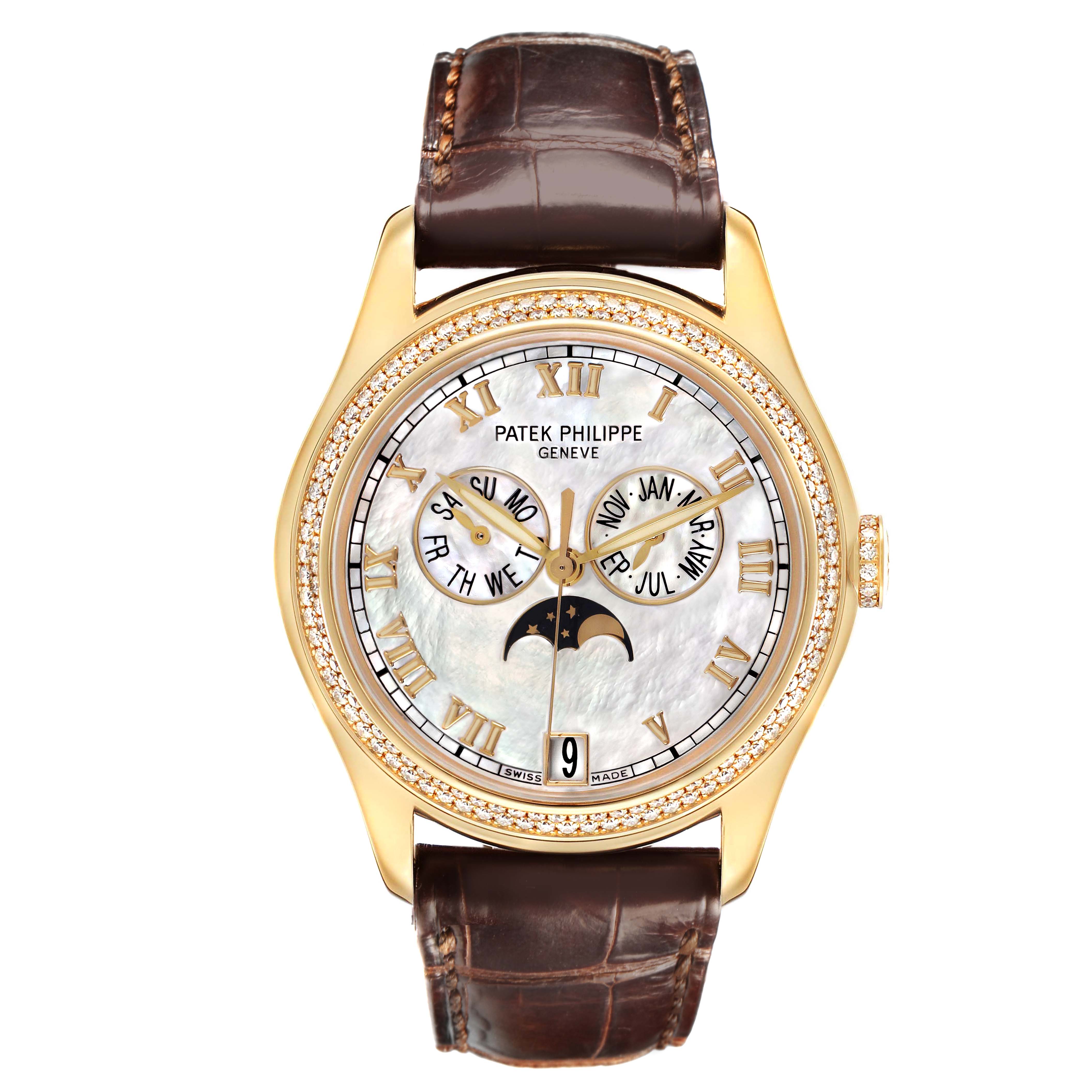 The Patek Philippe Complications 4936J Men's Yellow Gold Mother of Pearl Dial watch is shown from a frontal angle, highlighting the dial with Roman numerals, subdials, and moon phase.