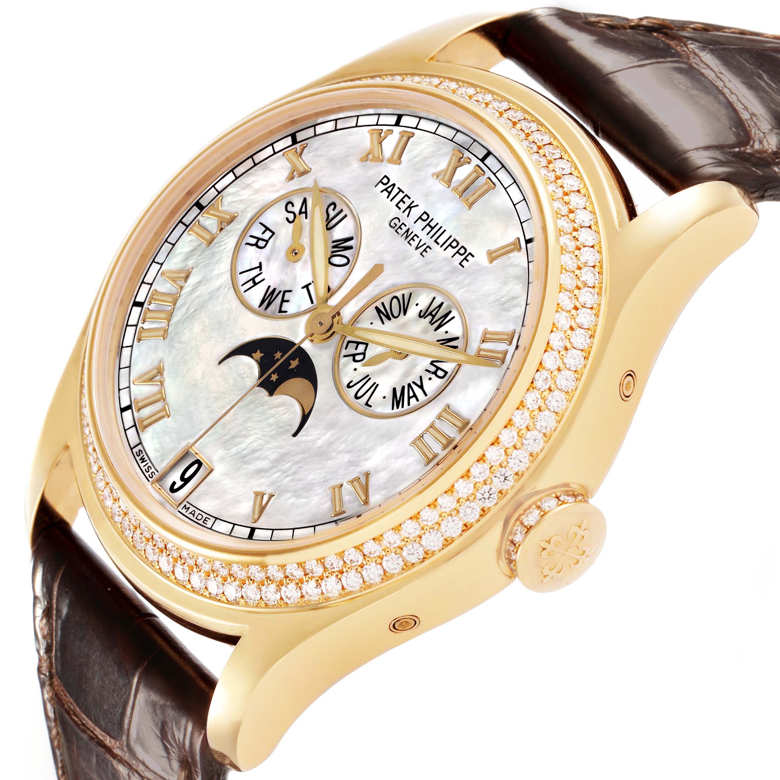 The Patek Philippe Complications 4936J Men's Yellow Gold Mother of Pearl Dial watch is shown from a 3/4 angle, highlighting the dial, diamond bezel, case, and leather strap.