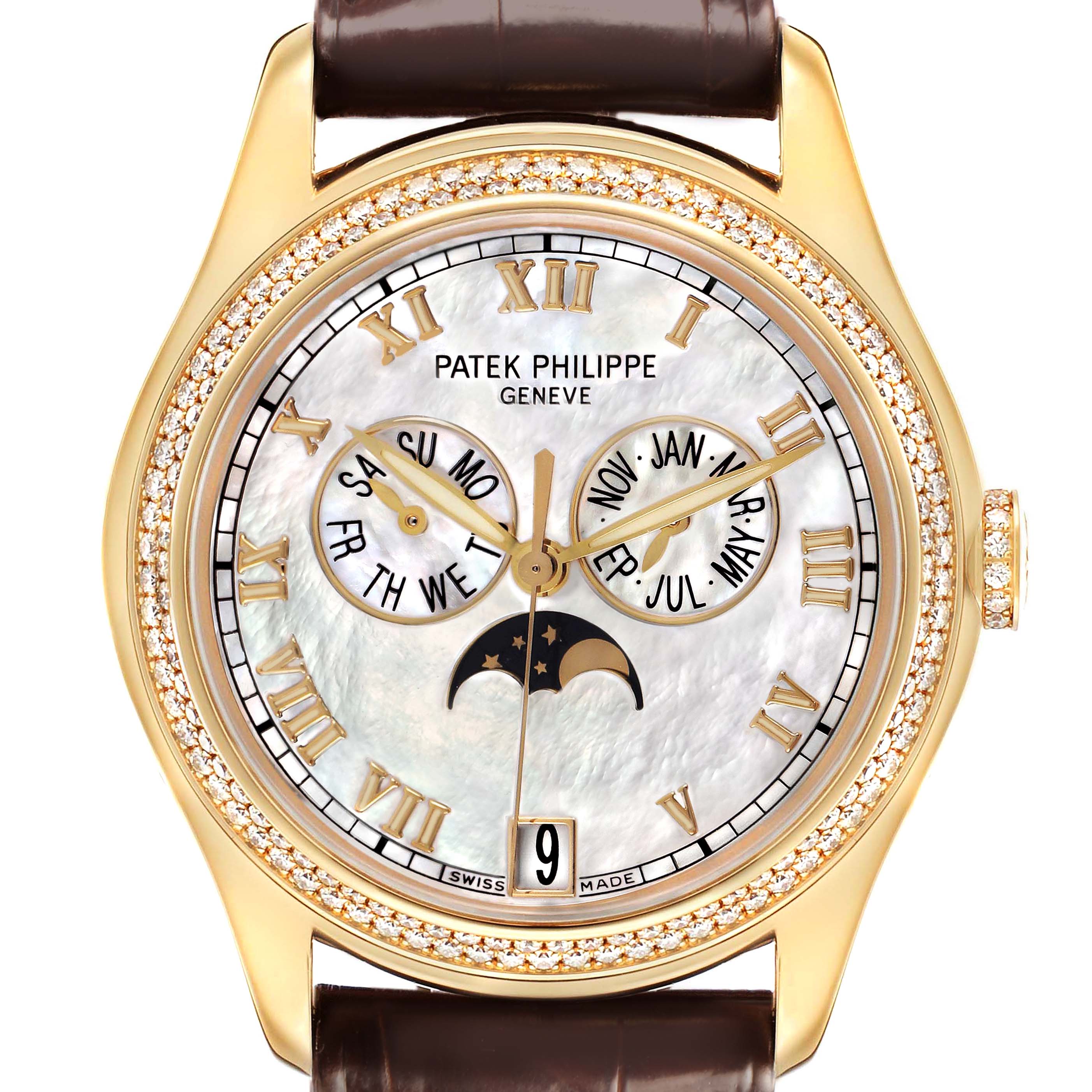 The Patek Philippe Complications 4936J Men's Yellow Gold Mother of Pearl Dial watch is shown from the front, featuring a gold case, diamond bezel, and an intricate dial.