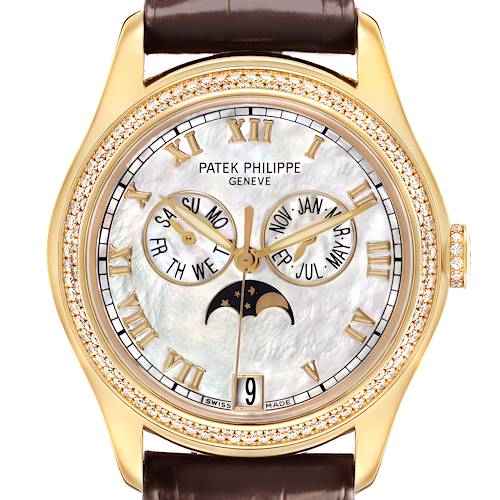 The Patek Philippe Complications 4936J Men's Yellow Gold Mother of Pearl Dial watch is shown from a front angle, highlighting its dial, moon phase, and calendar features.