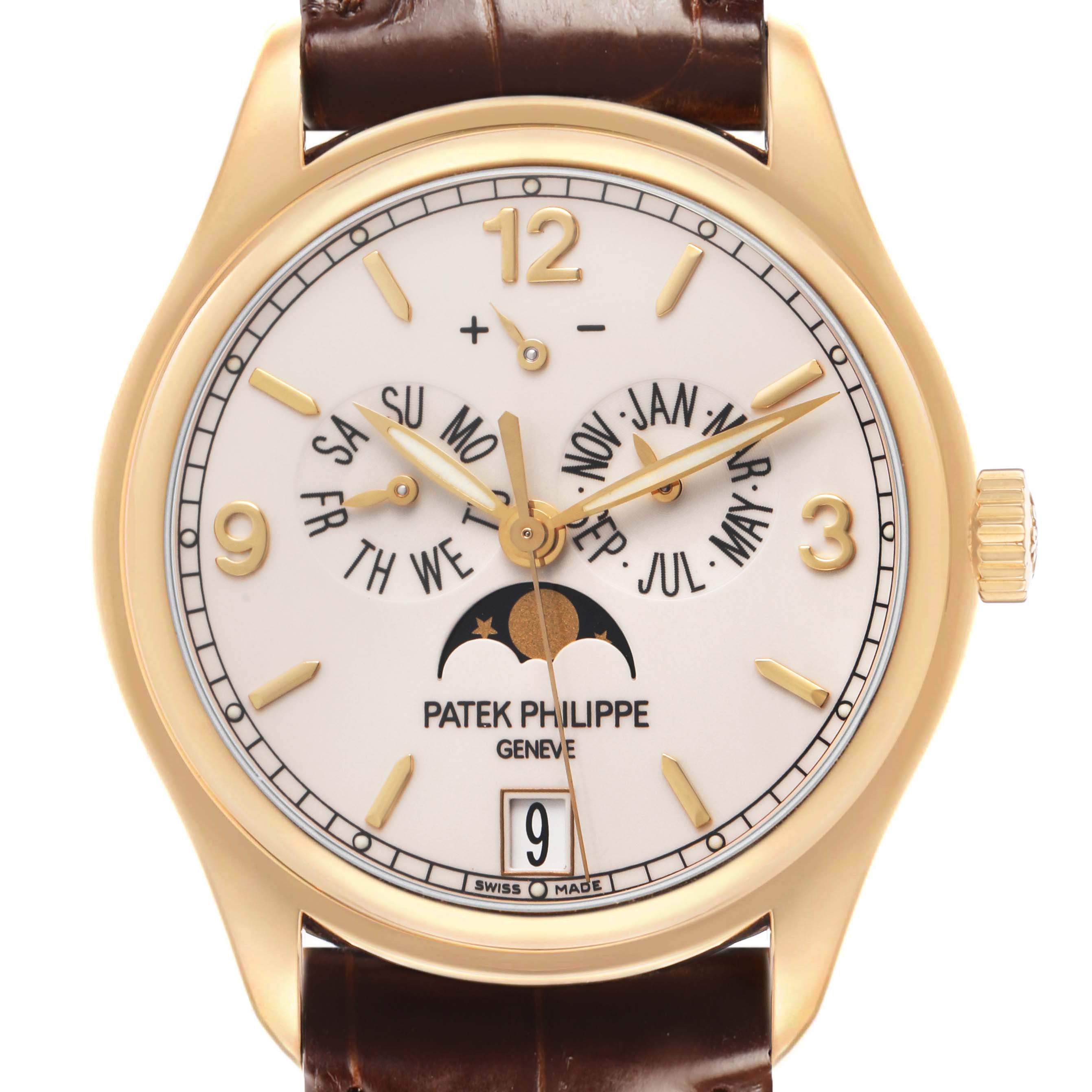The Patek Philippe Complications 5146J Men's Yellow Gold Yellow Dial watch is shown from the front, highlighting its gold case, calendar dials, moon phase, and leather strap.
