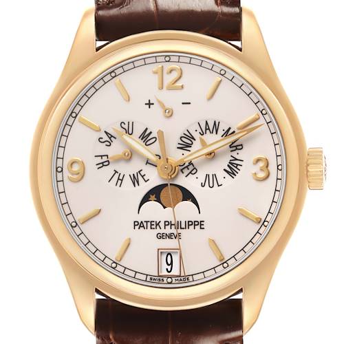 The Patek Philippe Complications 5146J Men's Yellow Gold Yellow Dial model is shown from a front angle, highlighting the dial, calendar indicators, and moon phase.