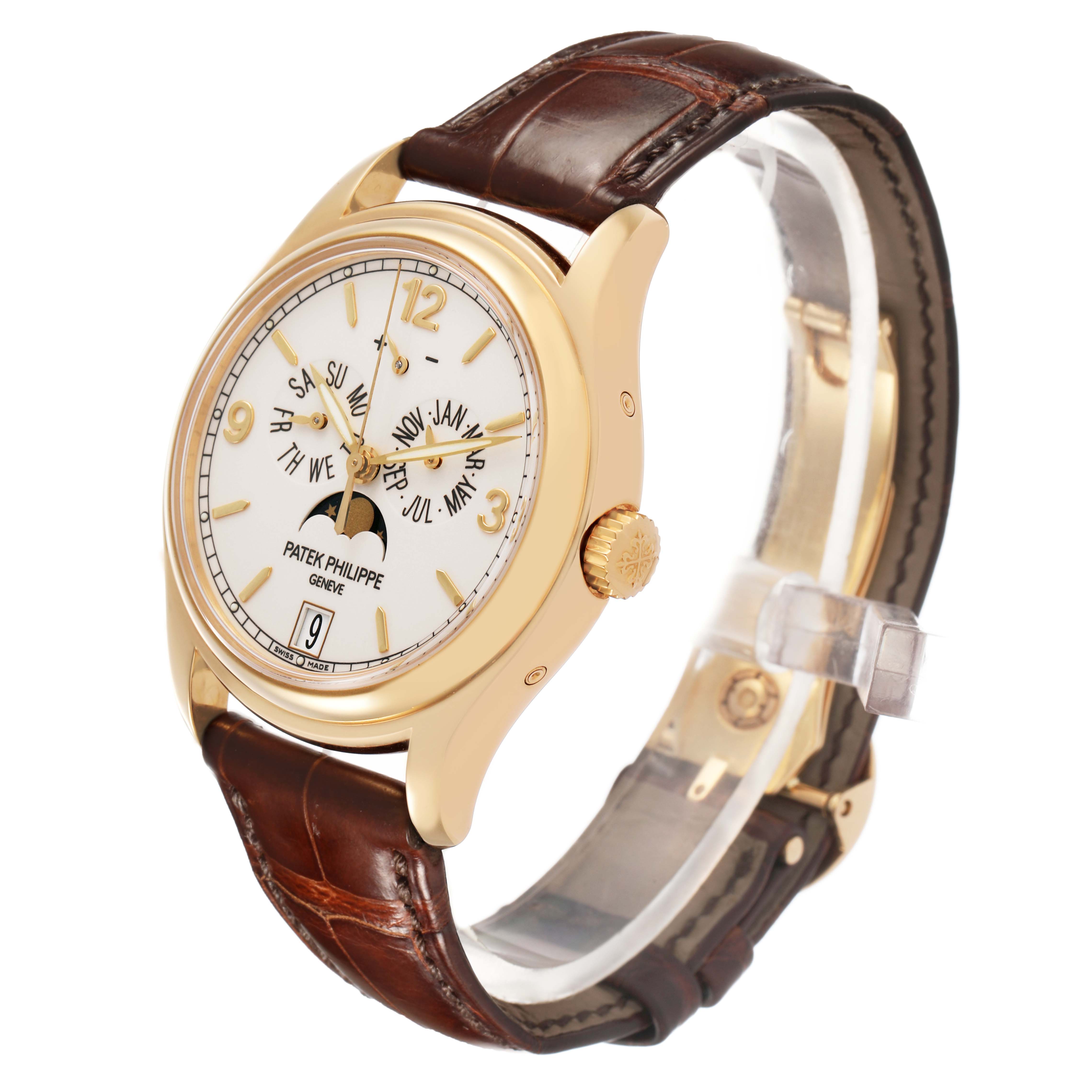 The Patek Philippe Complications 5146J Men's Yellow Gold Yellow Dial watch is shown at a three-quarter angle, highlighting the dial, bezel, and leather strap.