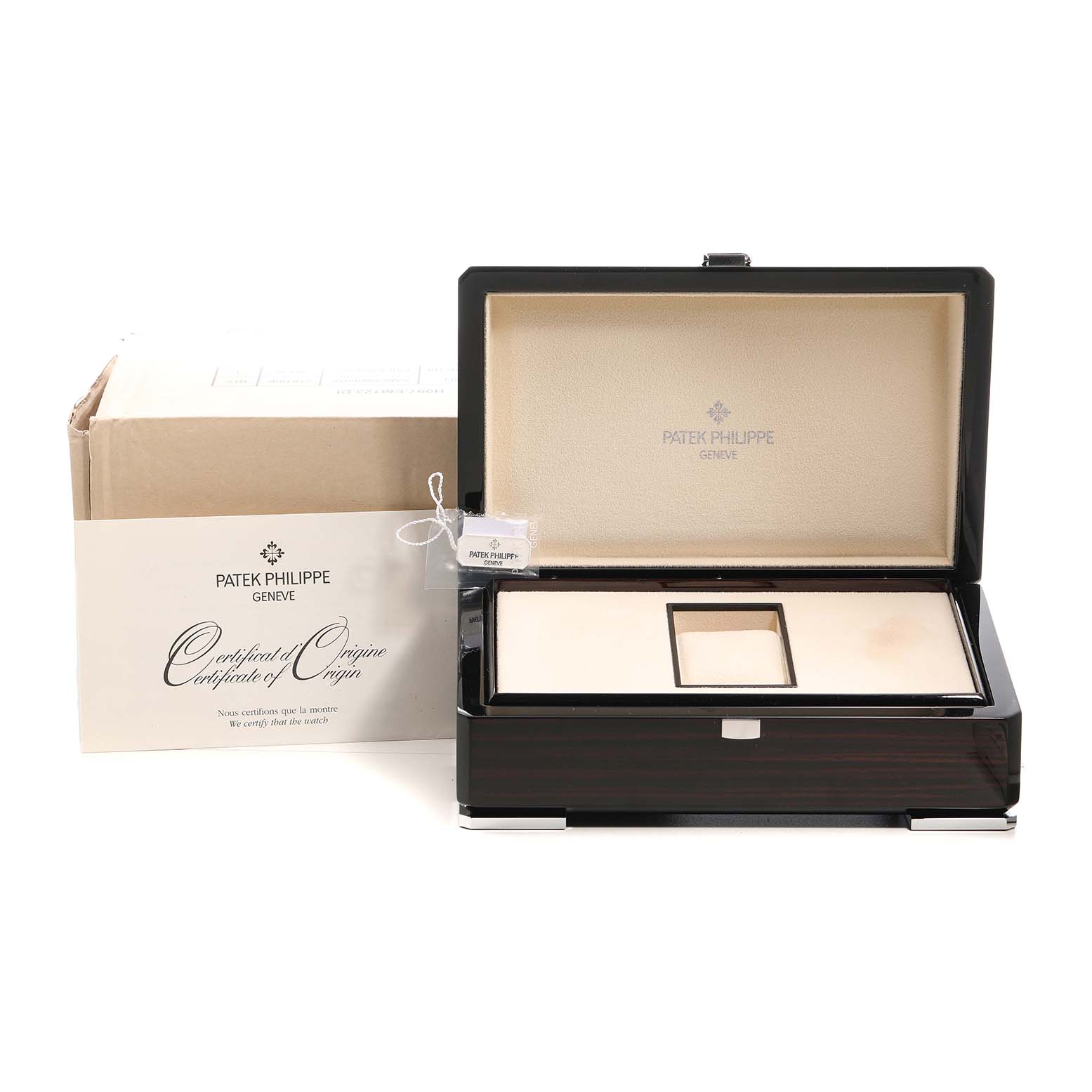 The image shows an open watch box for a Patek Philippe Complications 5146J Men's Yellow Gold Yellow Dial model, featuring a cream interior and certificate.