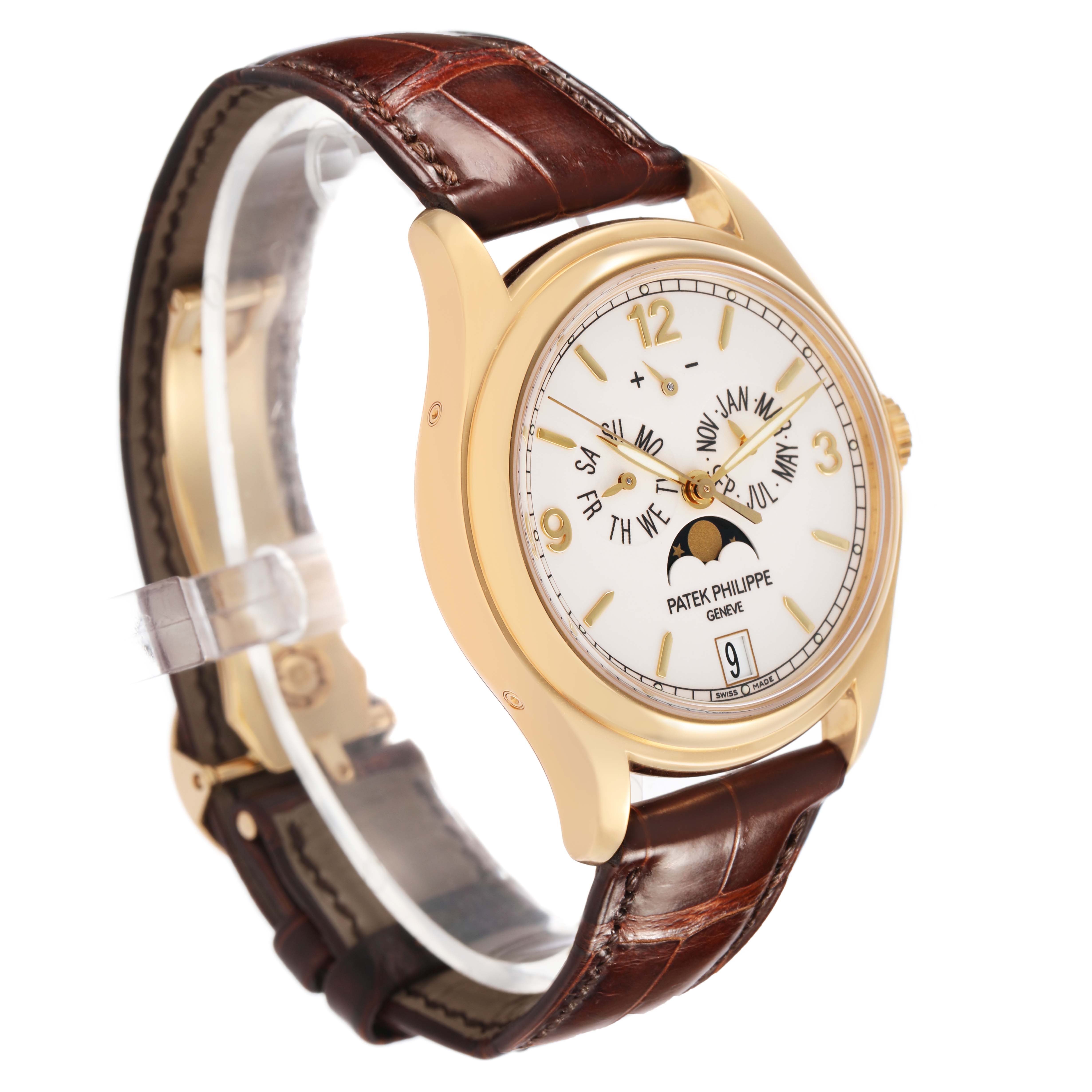 The Patek Philippe Complications 5146J Men's Yellow Gold Yellow Dial watch is shown at a slight side angle, highlighting the case, dial, and leather strap.