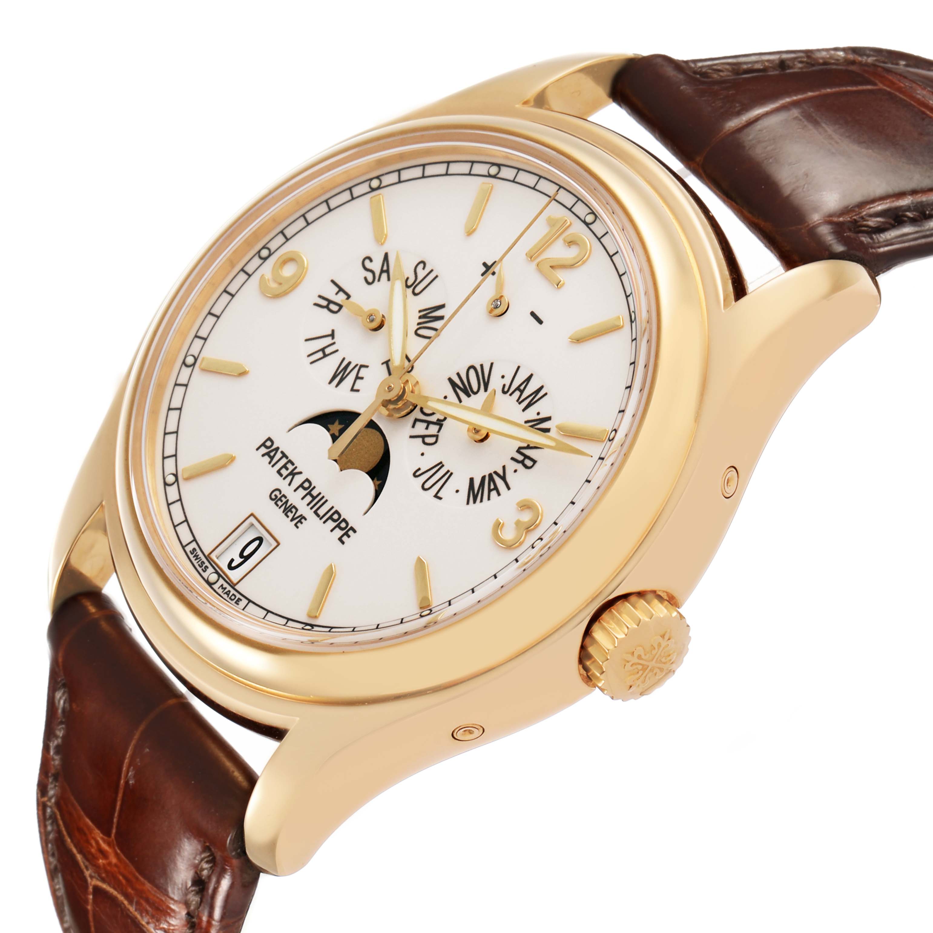The Patek Philippe Complications 5146J Men's Yellow Gold Yellow Dial watch is shown from an angle highlighting the dial, crown, case, and leather strap.