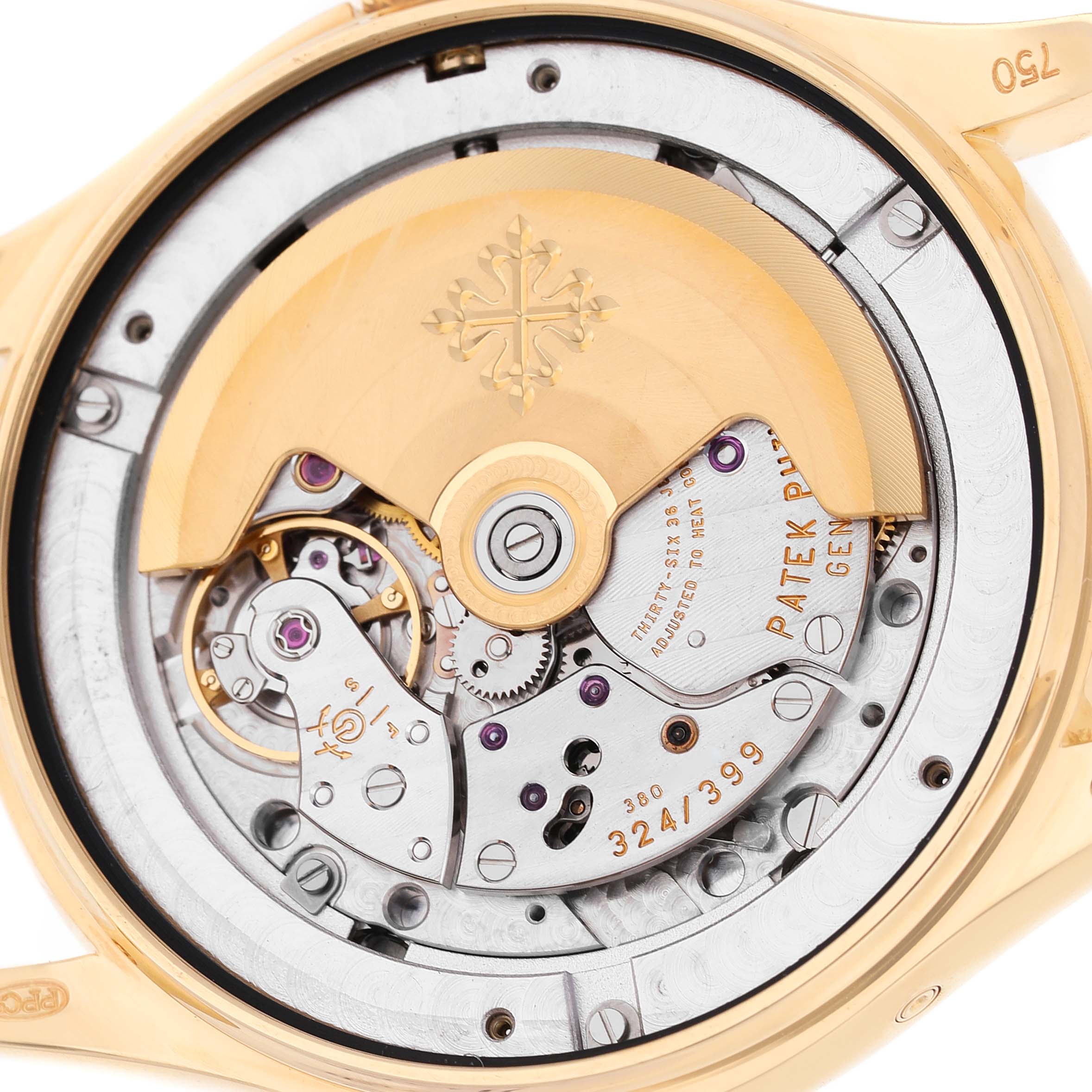 The image shows the back view of the Patek Philippe Complications 5146J Men's Yellow Gold Yellow Dial watch, highlighting the intricate movement and rotor.