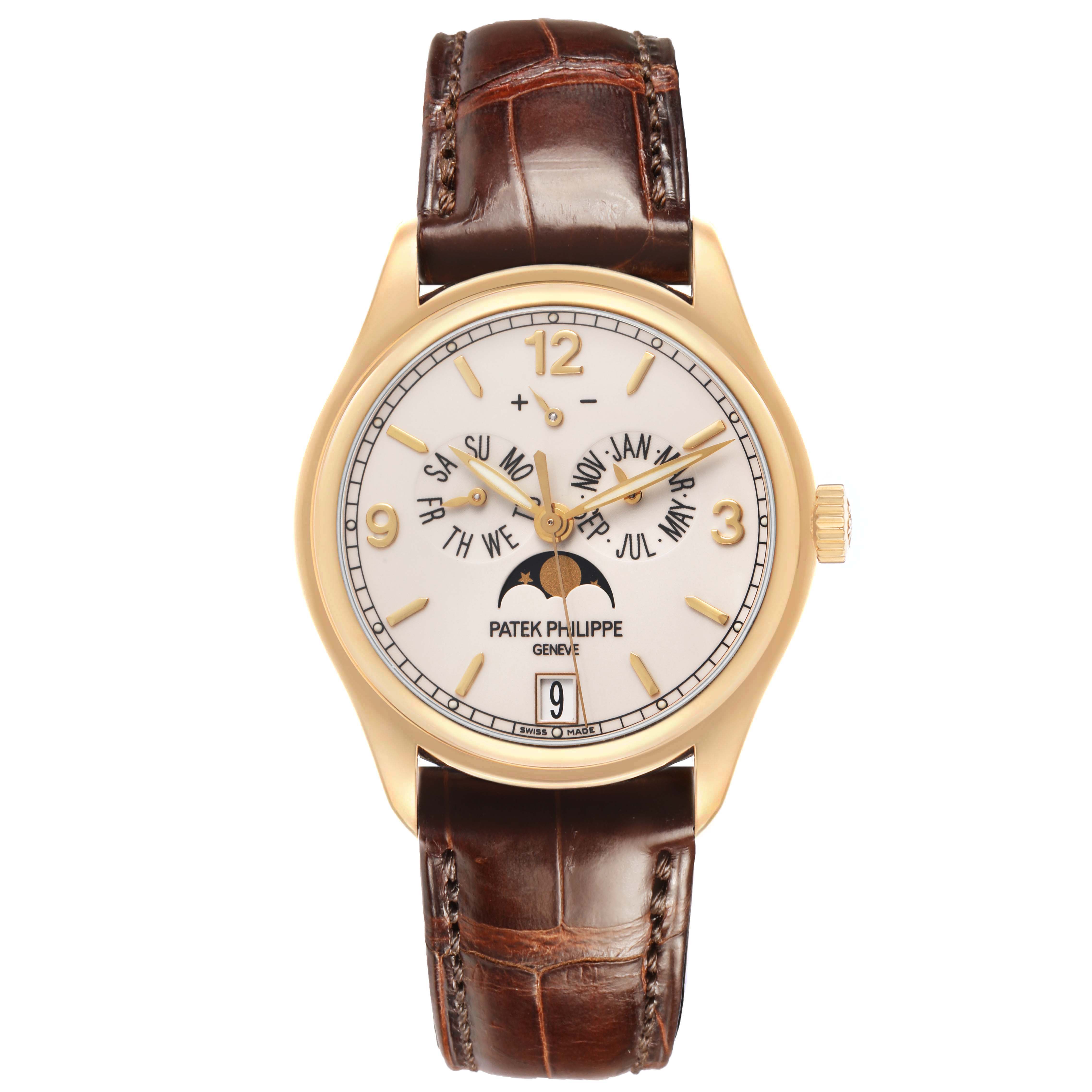 The Patek Philippe Complications 5146J Men's Yellow Gold Yellow Dial watch is shown from a front angle, displaying the dial, complications, crown, and a leather strap.