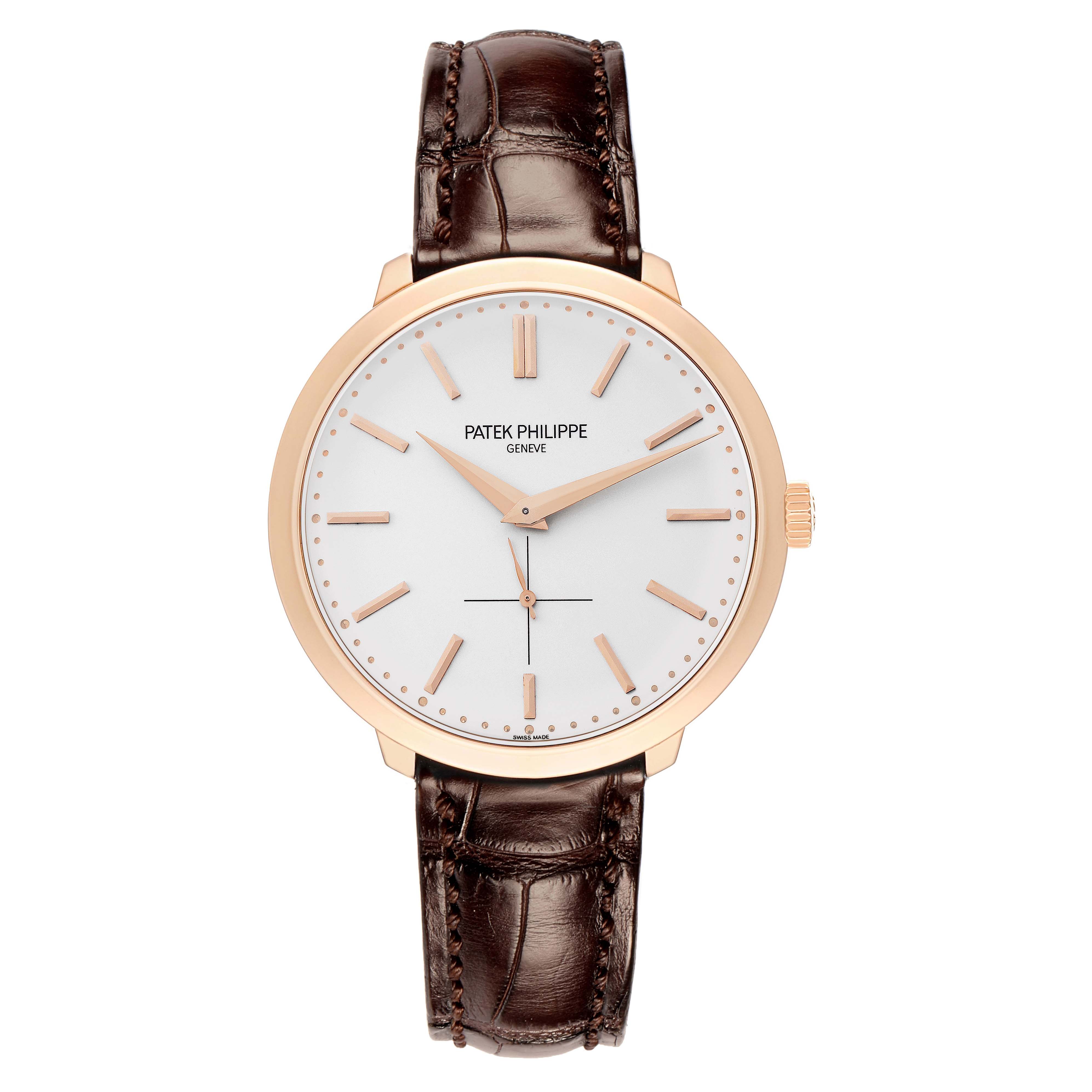 The image shows a Patek Philippe Calatrava 5123R Men
s Rose Gold Silver Dial watch from a top-down angle, highlighting the dial and leather strap.