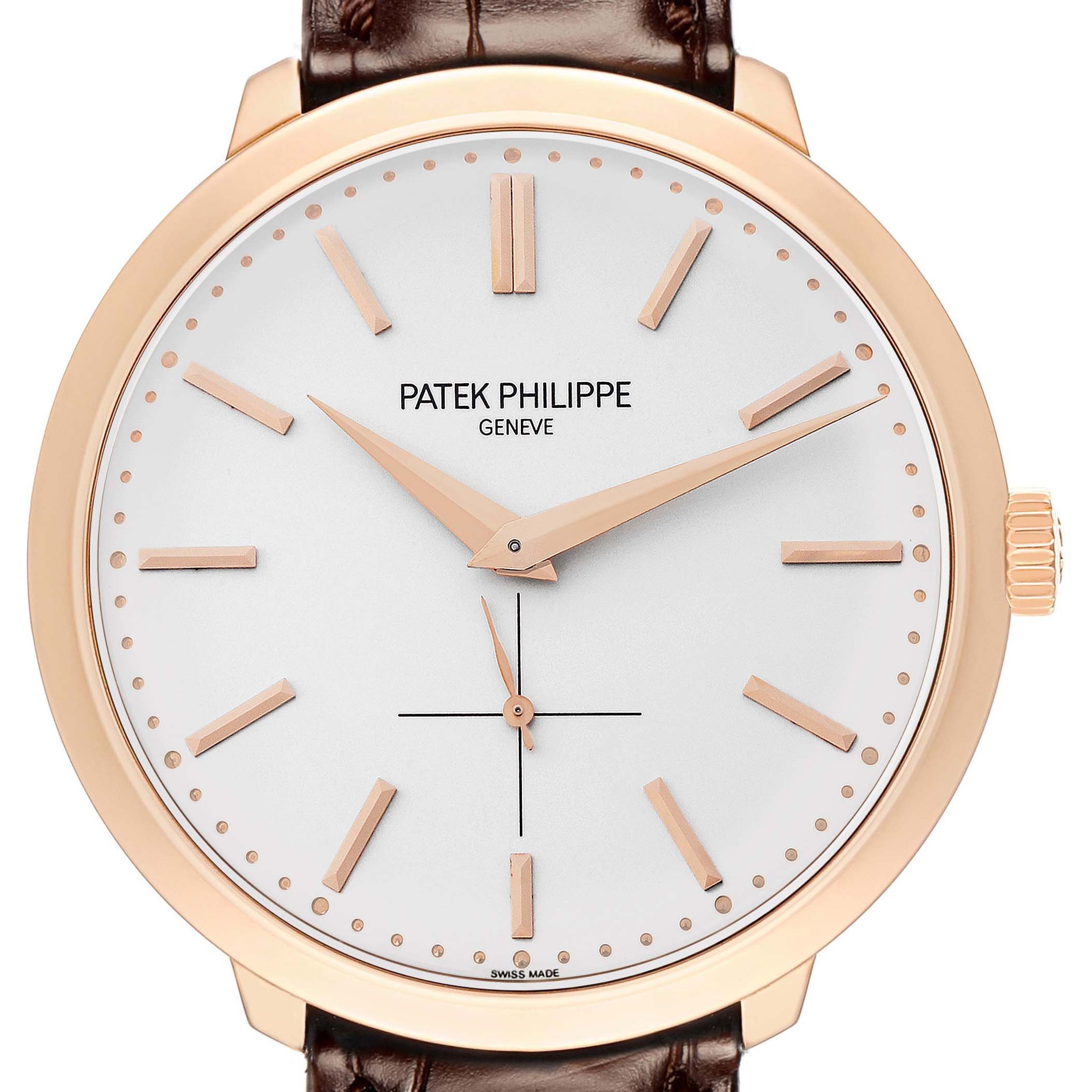 The Patek Philippe Calatrava 5123R Men
s Rose Gold Silver Dial watch is shown from a front angle, displaying its dial, hands, indices, and part of the leather strap.