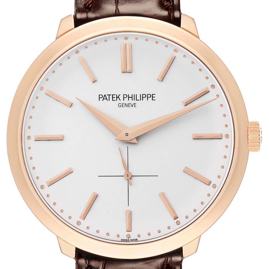 The Patek Philippe Calatrava 5123R Men's Rose Gold Silver Dial watch is shown from a front angle, displaying its dial, hands, indices, and part of the leather strap.