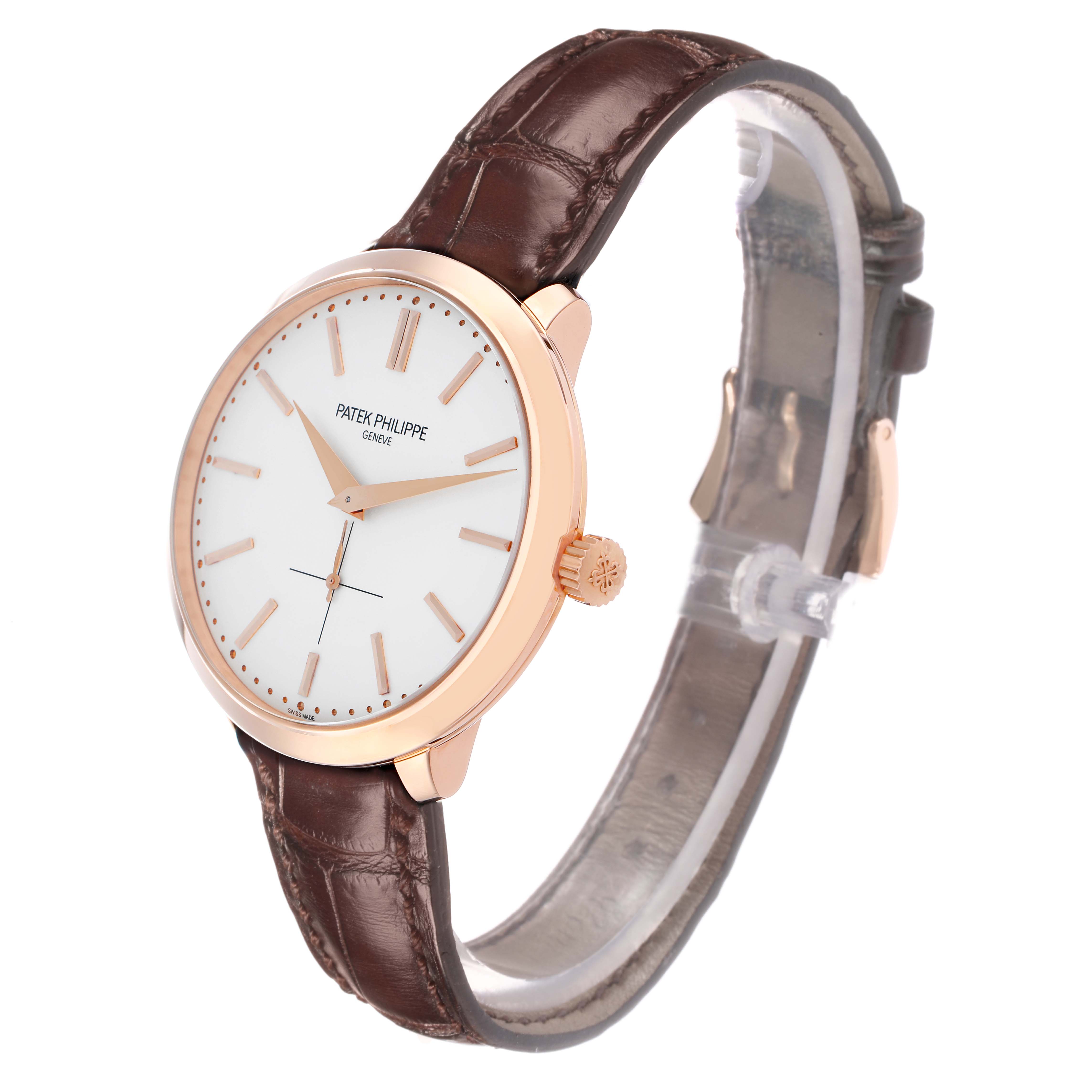 The Patek Philippe Calatrava 5123R Men
s Rose Gold Silver Dial watch is shown at a three-quarter angle, highlighting the dial, crown, and leather strap.