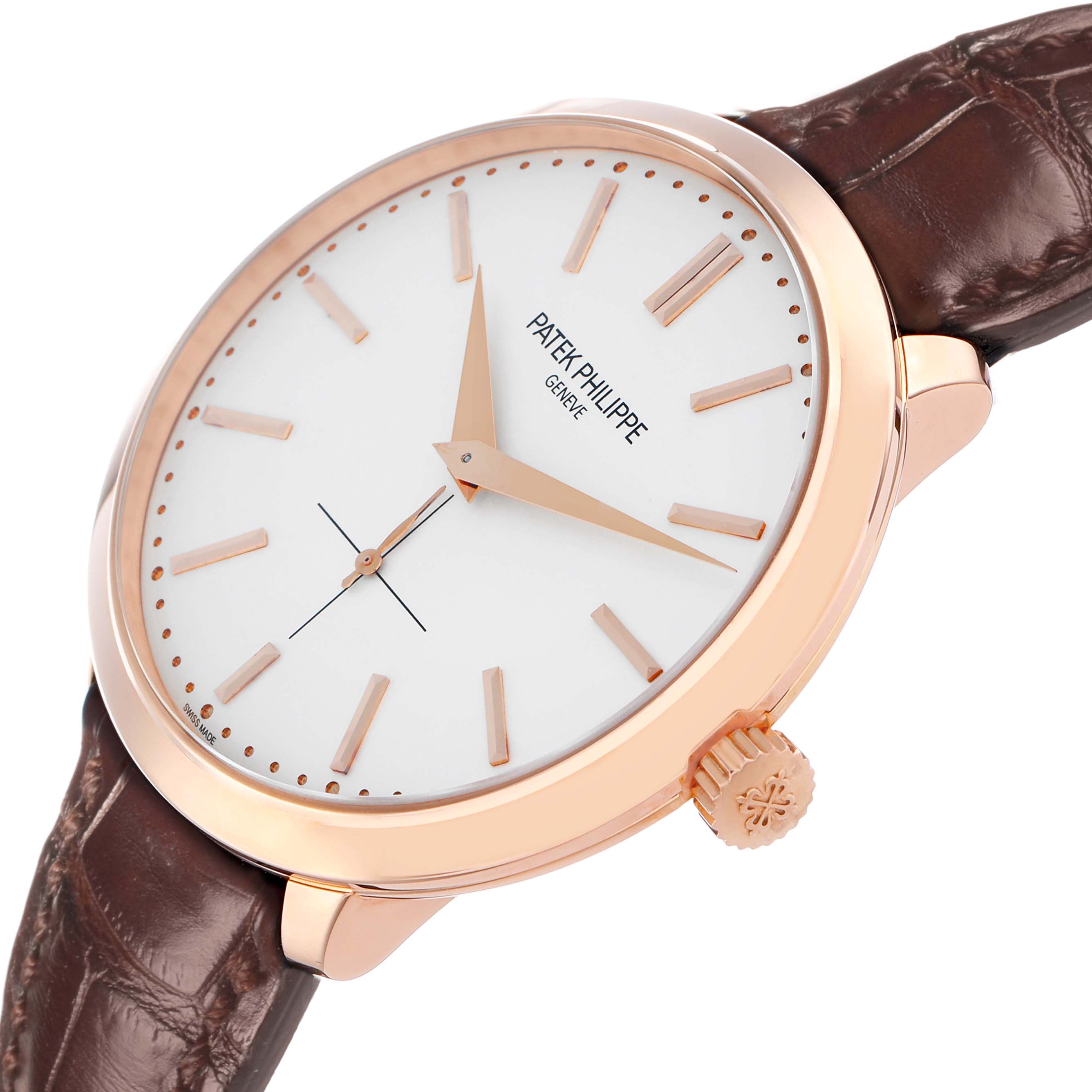 The Patek Philippe Calatrava 5123R Men
s Rose Gold Silver Dial watch is shown at an angled side view displaying the dial, hands, crown, and leather strap.