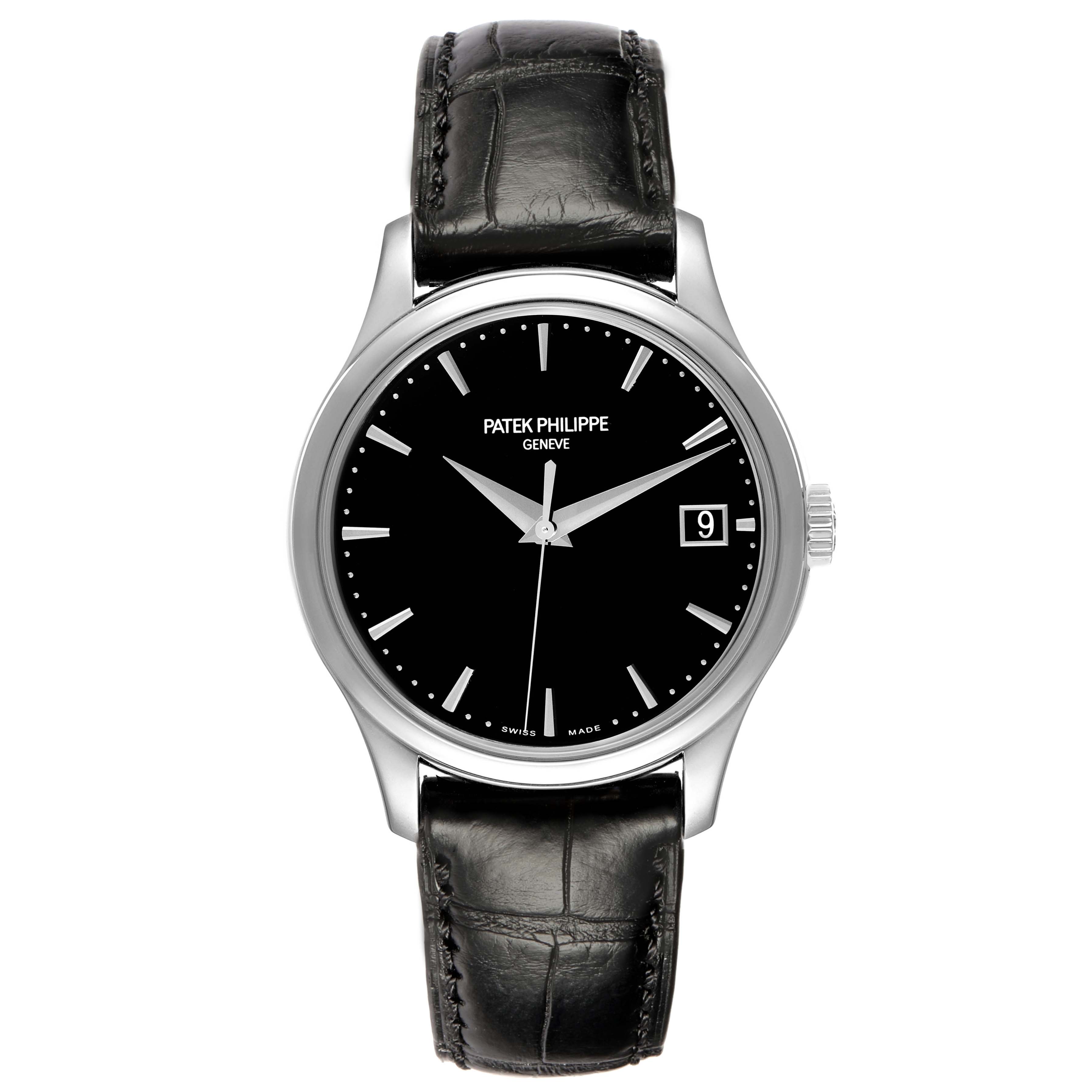 The Patek Philippe Calatrava 5227G Men
s White Gold Black Dial is shown from the front, displaying a black dial, date window, and black leather strap.