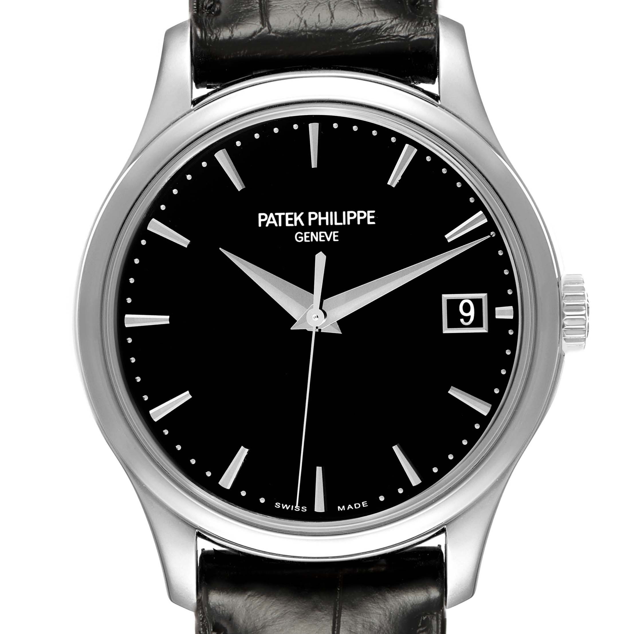 The Patek Philippe Calatrava 5227G Men
s White Gold Black Dial watch is shown from the front, displaying its black dial, silver hands, indices, and date window.