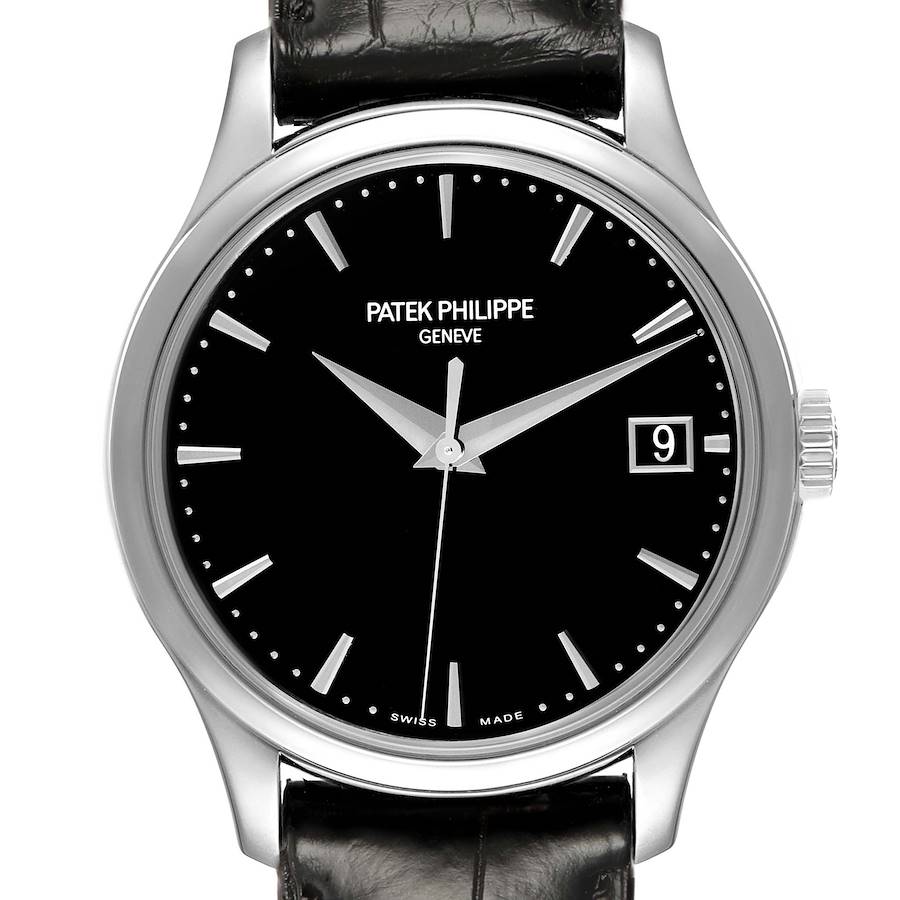The Patek Philippe Calatrava 5227G Men's White Gold Black Dial watch is shown from the front, displaying its black dial, silver hands, indices, and date window.